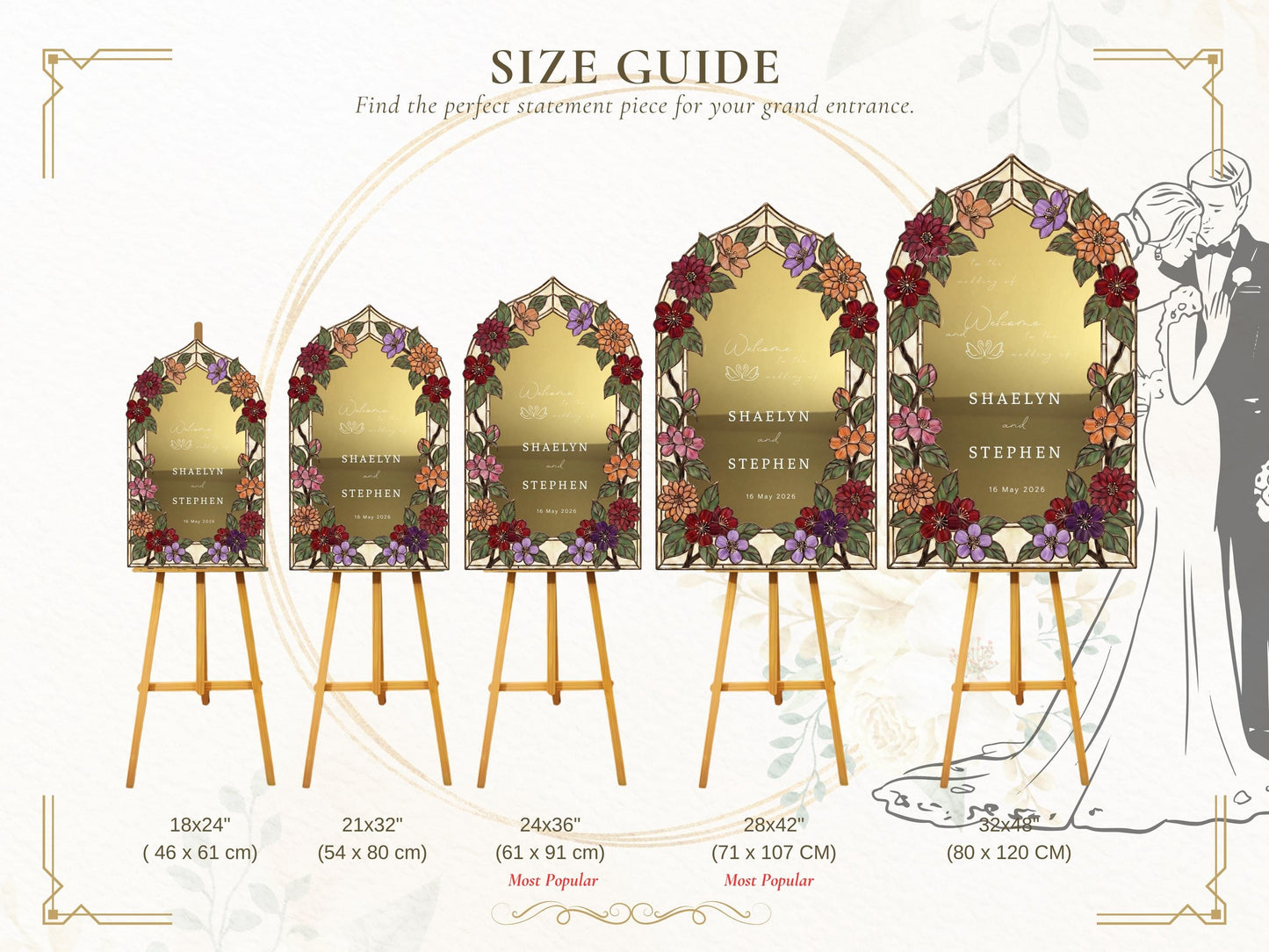 Fax Stained Glass Engagement Sign, Floral Arch Mirror Welcome Board, 3D Raised Acrylic, Moody Jewel Tone Autumn Decor