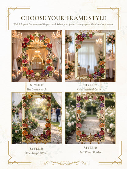Fax Stained Glass Engagement Sign, Floral Arch Mirror Welcome Board, 3D Raised Acrylic, Moody Jewel Tone Autumn Decor