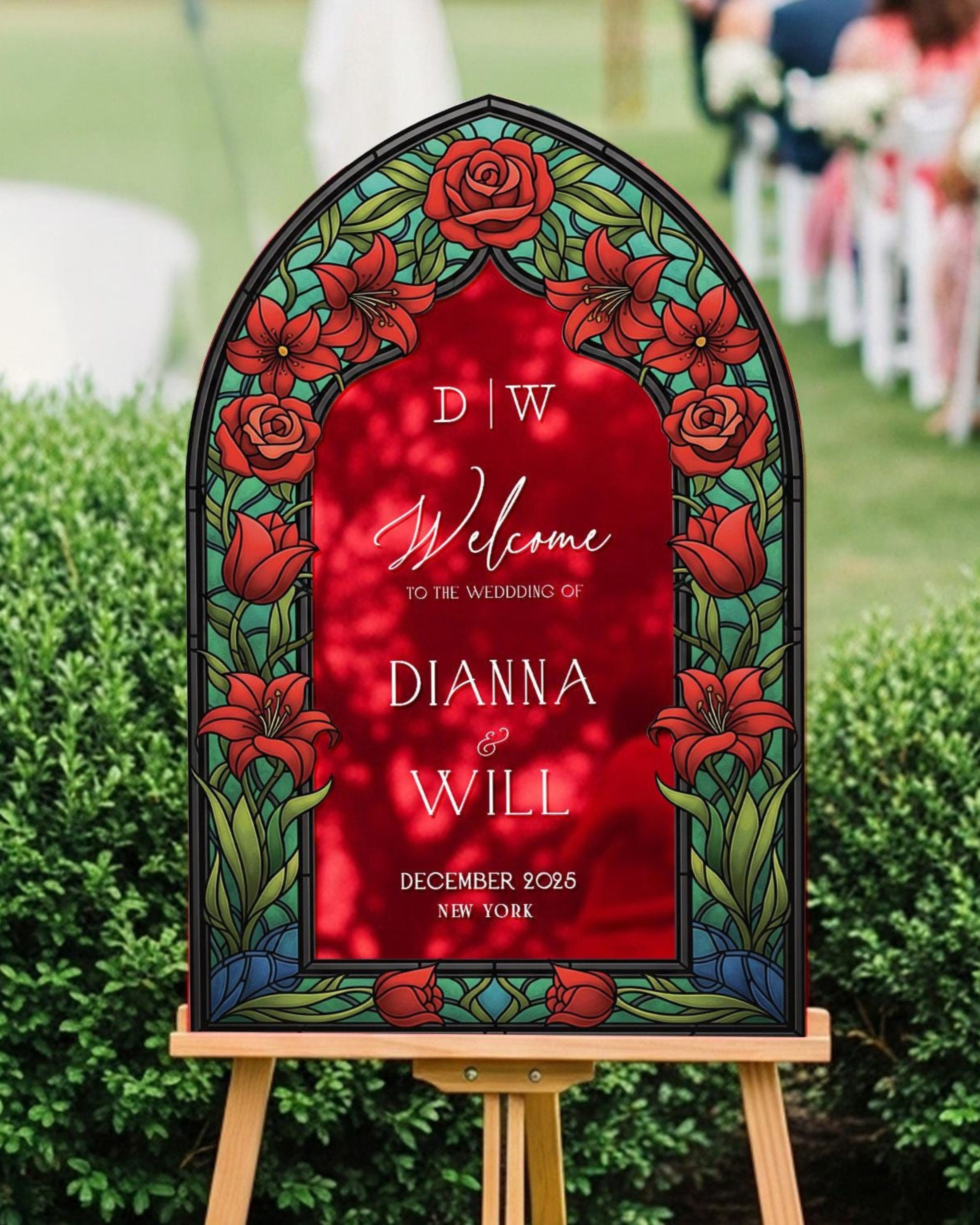 Red Floral Stained Glass Wedding Sign, Mirror Wedding Welcome Sign, Printed Mirrored Or Acrylic Wedding Entrance Signs