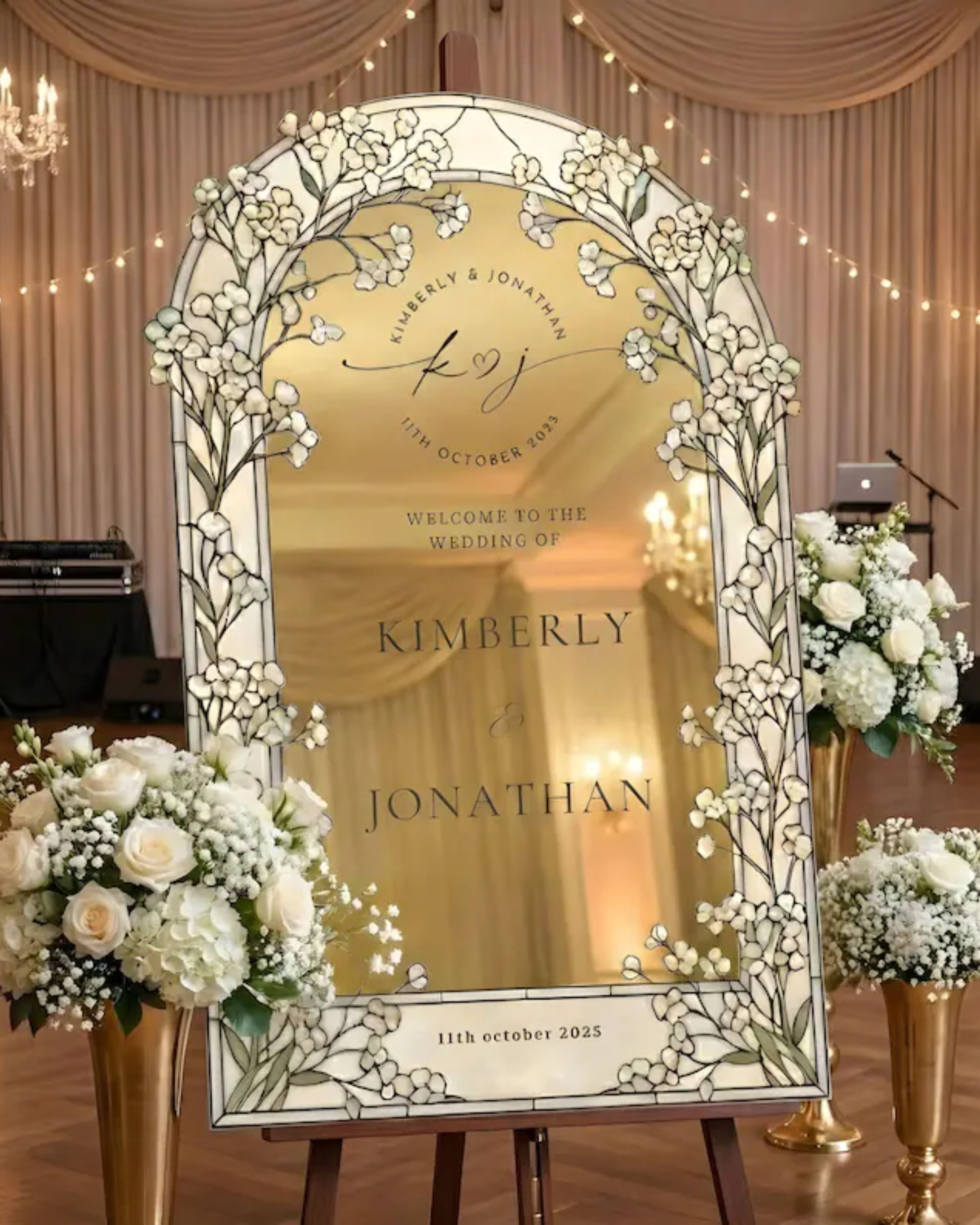 Personalized Wedding Sign, Stained Glass Look, Floral Arch, Custom Entrance Board