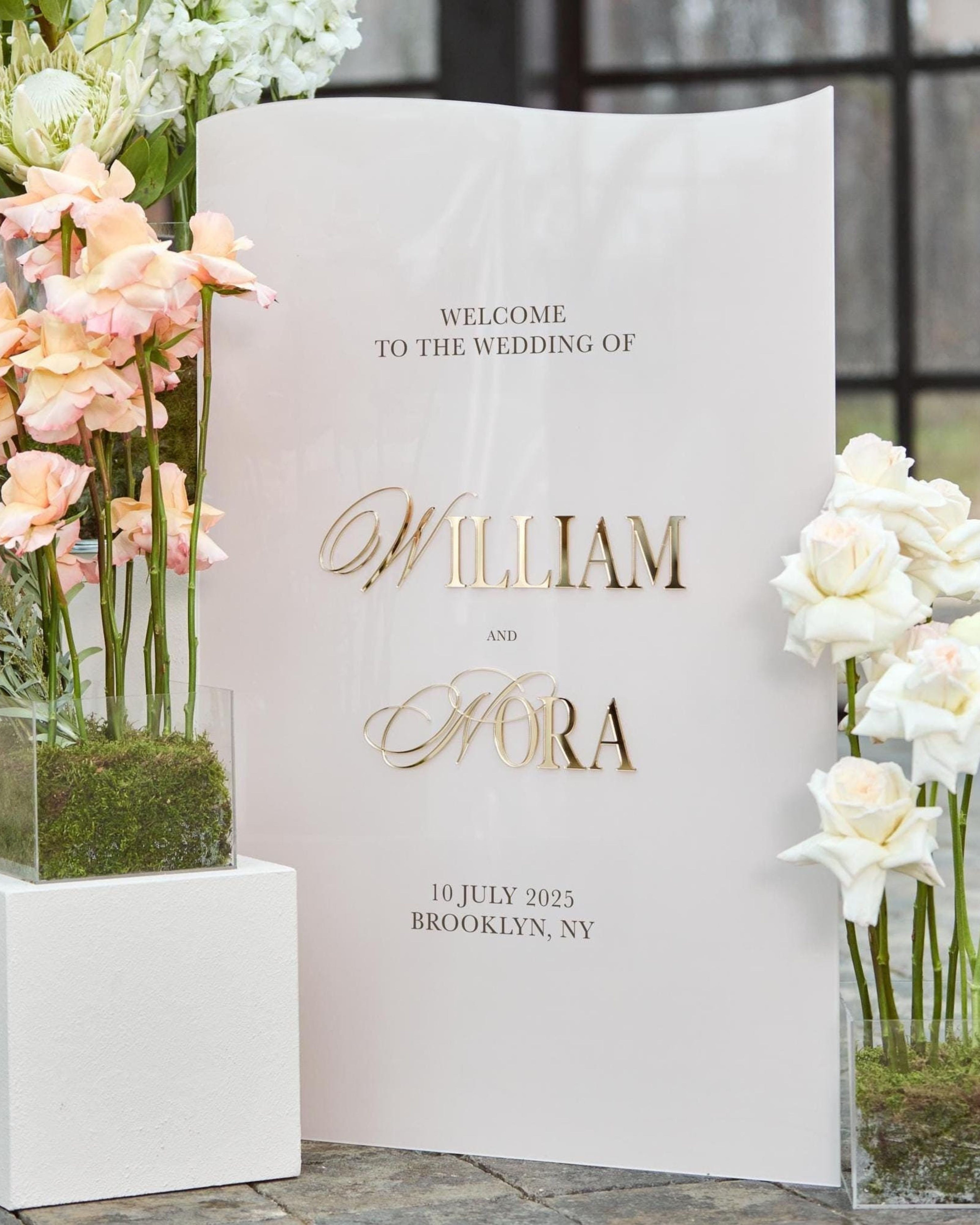 Wedding Signs with 3D Gold Mirror Names - Custom Acrylic Sign - Beige Acrylic Wedding Signage - Garden Wedding Decor