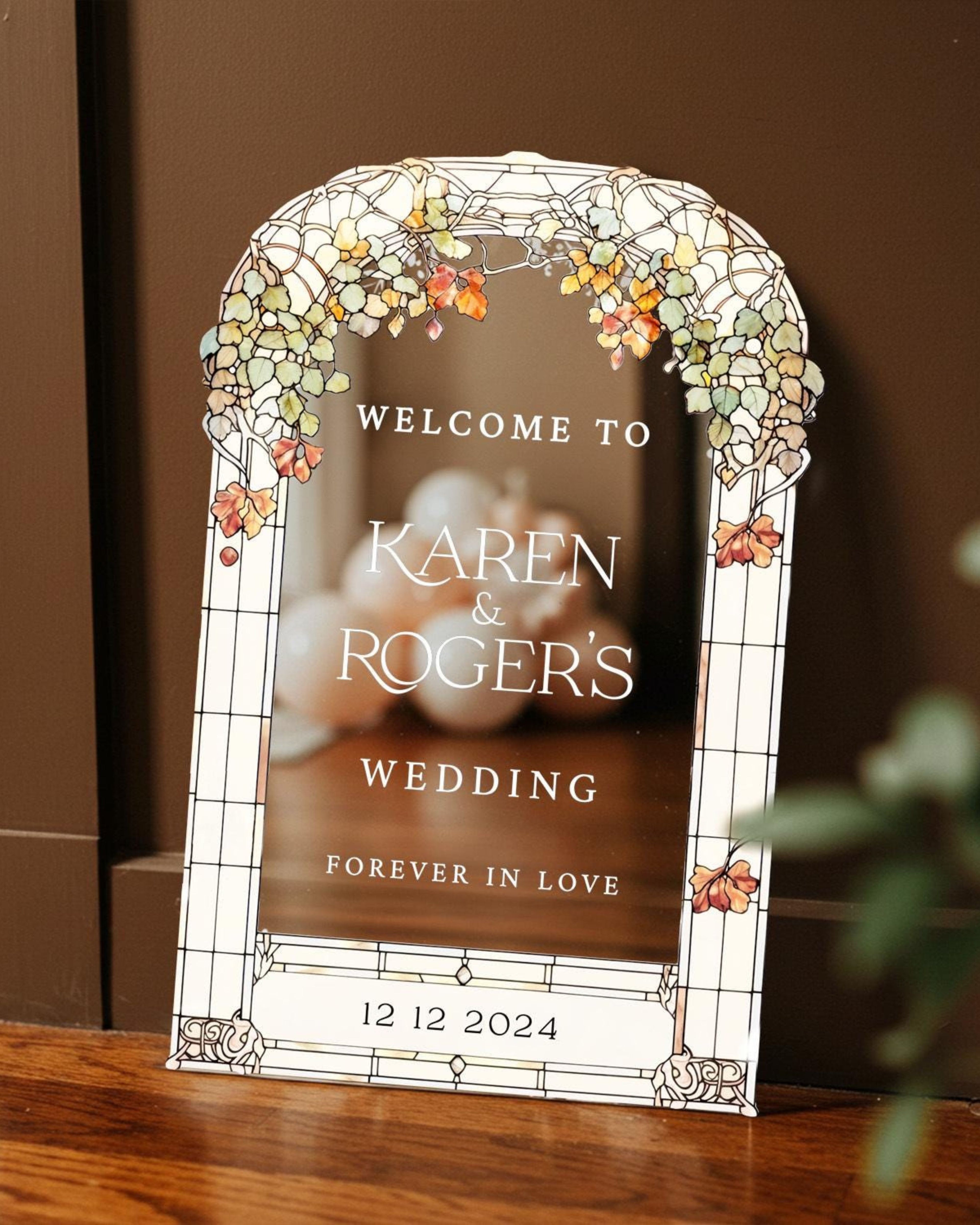 Stained Glass Floral Wedding Sign, Forever In Love Wedding Welcome Sign, Mirror Or Frosted Acrylic Wedding Entrance Sign