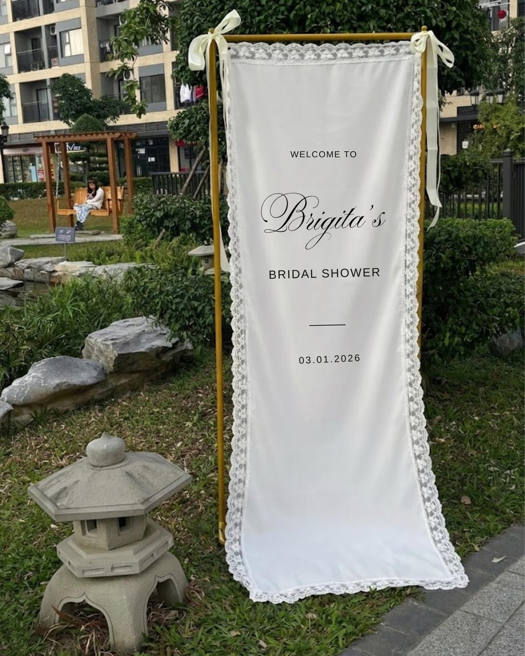 Bridal Shower Welcome Banner, Personalized Fabric Sign with Lace Trim, Elegant Wedding Shower Decoration