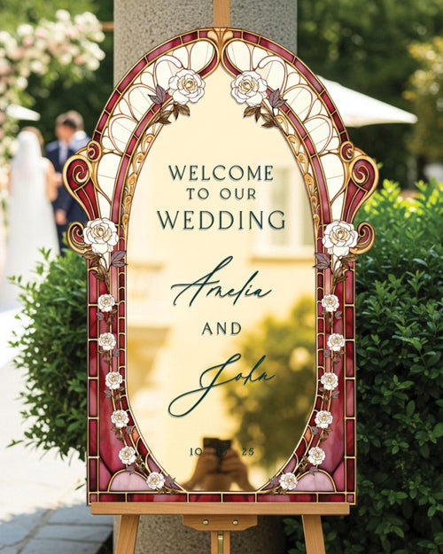 Burgundy Red Stained Glass Floral Wedding Sign, Cream Roses Frosted Wedding Welcome Sign, Printed Mirror Acrylic Wedding Entrance Sign