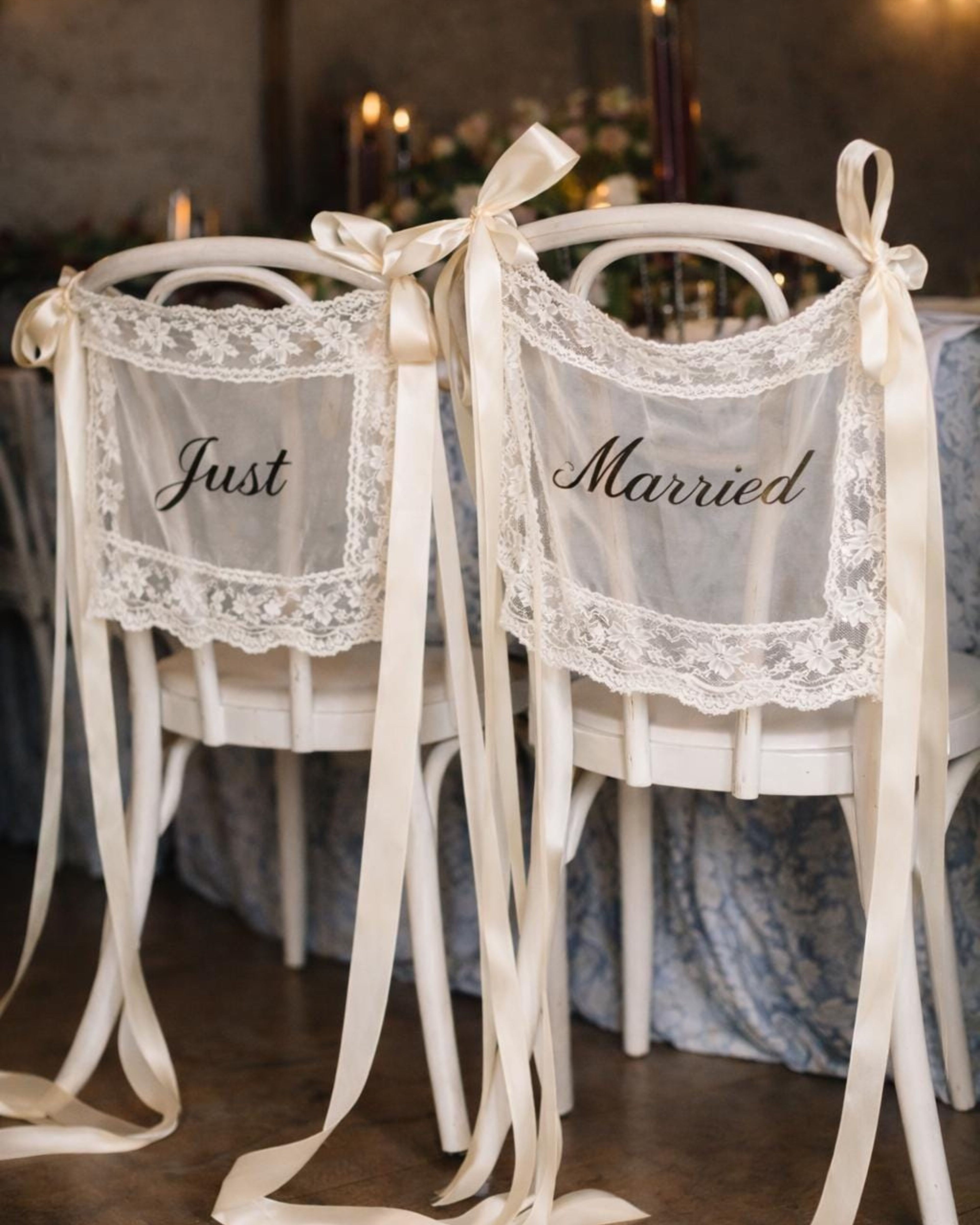 Sheer Lace Just Married Chair Signs for Bride and Groom, Wedding Chair Decor, Just Married Chair Signs, Sheer Lace Wedding Chair Banners
