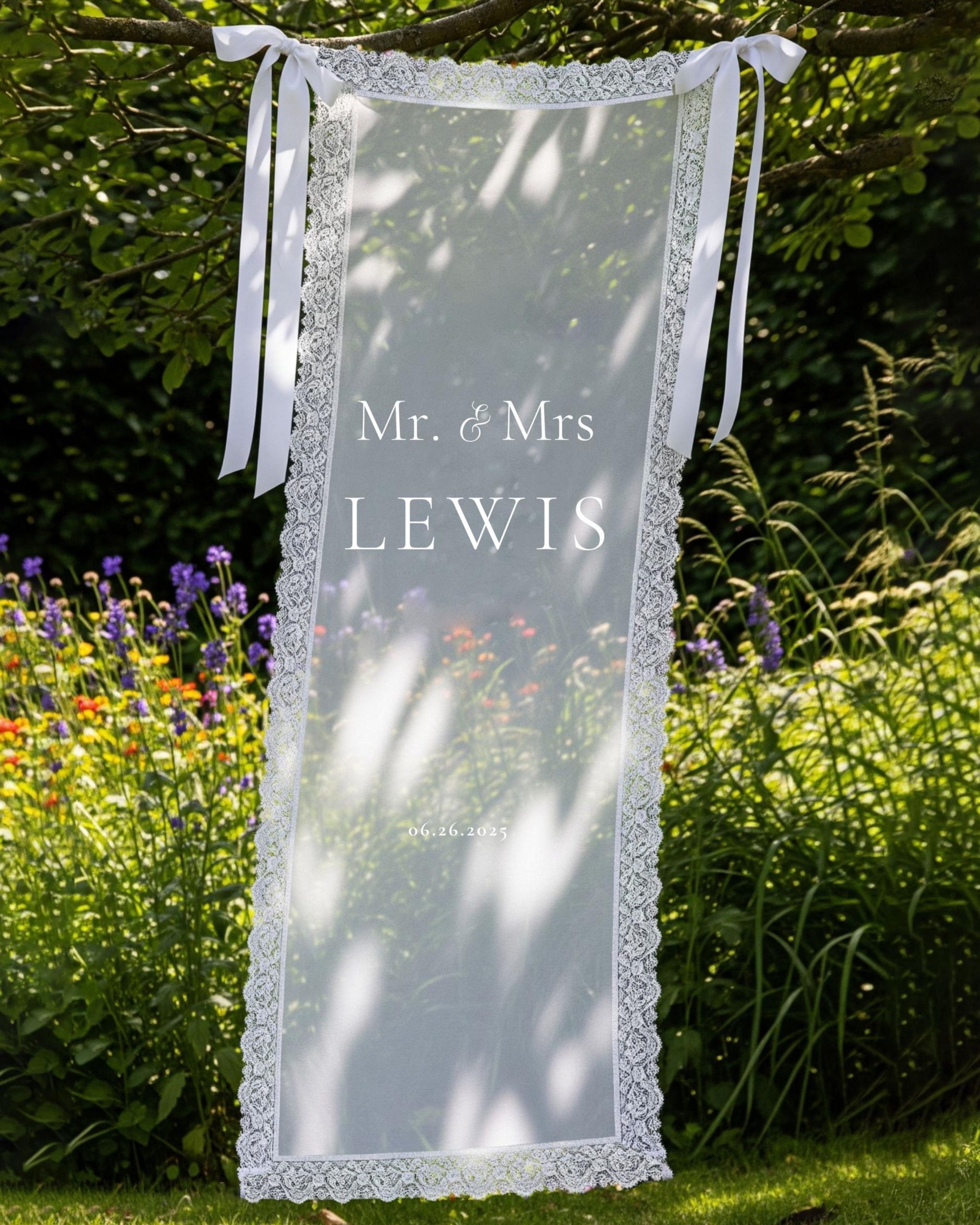 Lace Sheer Sign, Fabric Sign, Wedding Sheer Sign , Fabric sign, Custom Wedding Welcome Sign, Personalized Lace Edge Sign