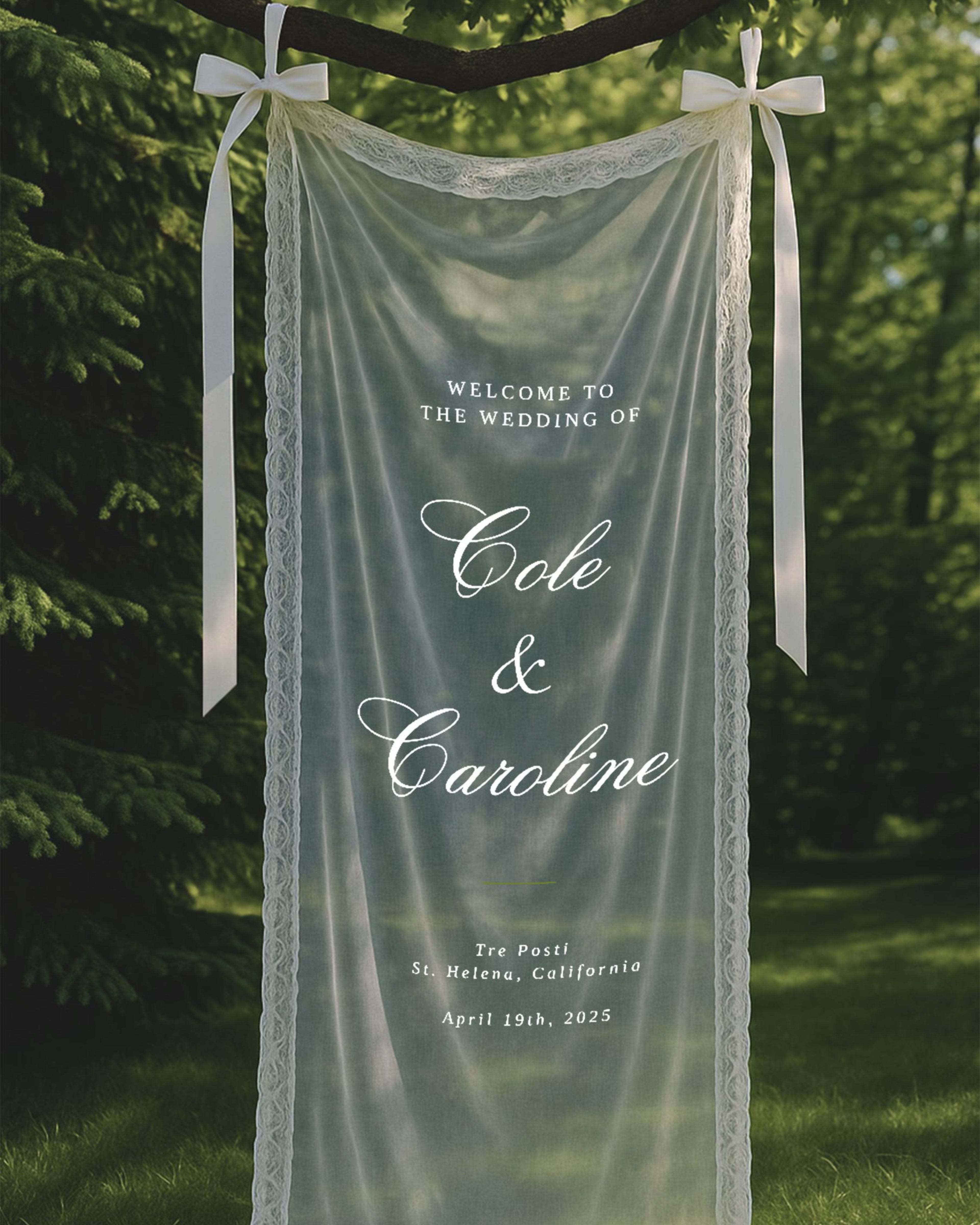 Romantic Sheer Wedding Sign, Linen Wedding Welcome Sign,Modern Outdoor Wedding Banner, Personalized Wedding Decoration,Engagement Party Sign