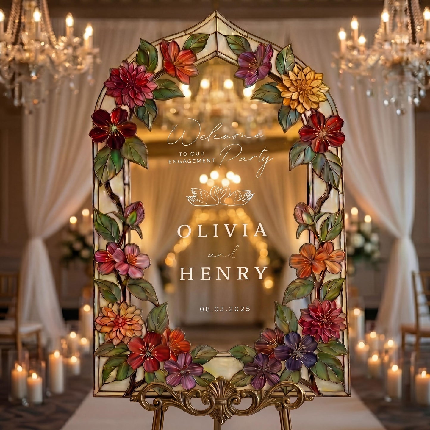 Fax Stained Glass Engagement Sign, Floral Arch Mirror Welcome Board, 3D Raised Acrylic, Moody Jewel Tone Autumn Decor