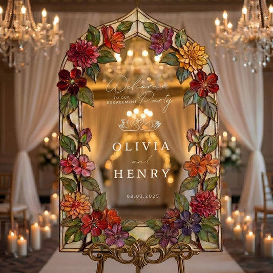 Fax Stained Glass Engagement Sign, Floral Arch Mirror Welcome Board, 3D Raised Acrylic, Moody Jewel Tone Autumn Decor