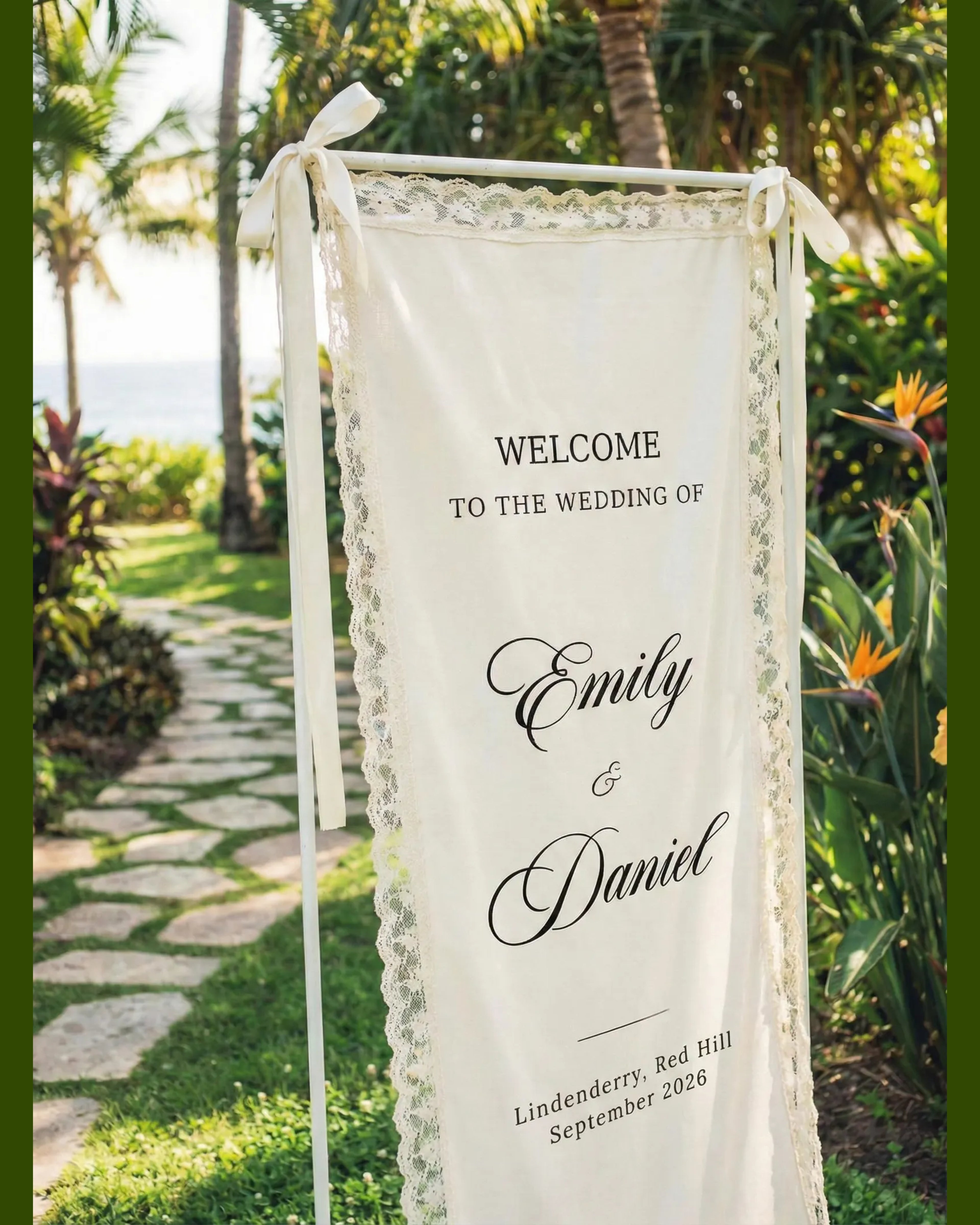 Linen sign with Lace Trim: Custom Wedding, Baby Shower Decor, romantic wedding