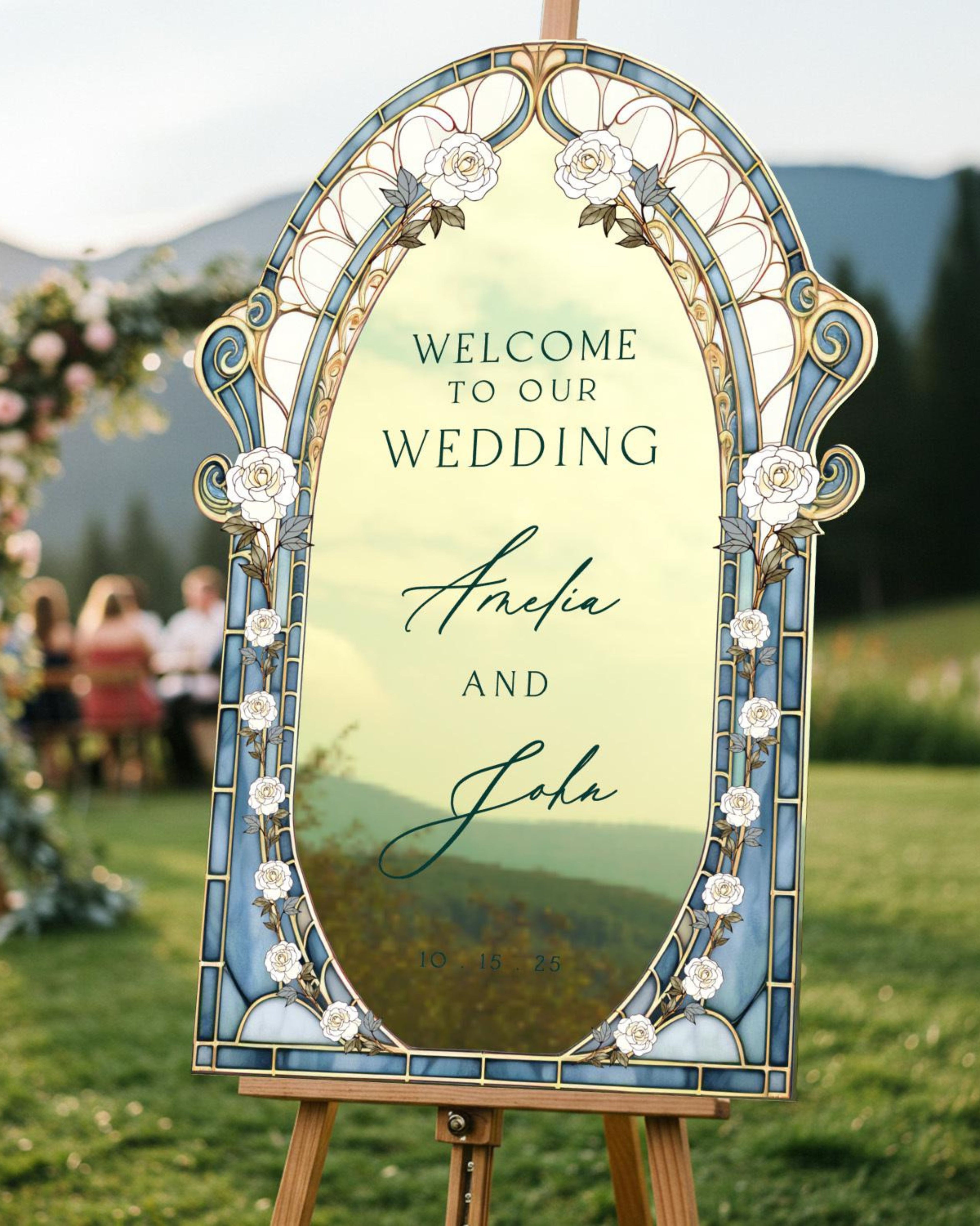 Stained Glass Wedding Sign, Roses Mirror Wedding Welcome Sign, Acrylic Wedding Entrance Sign, Wedding Decorations