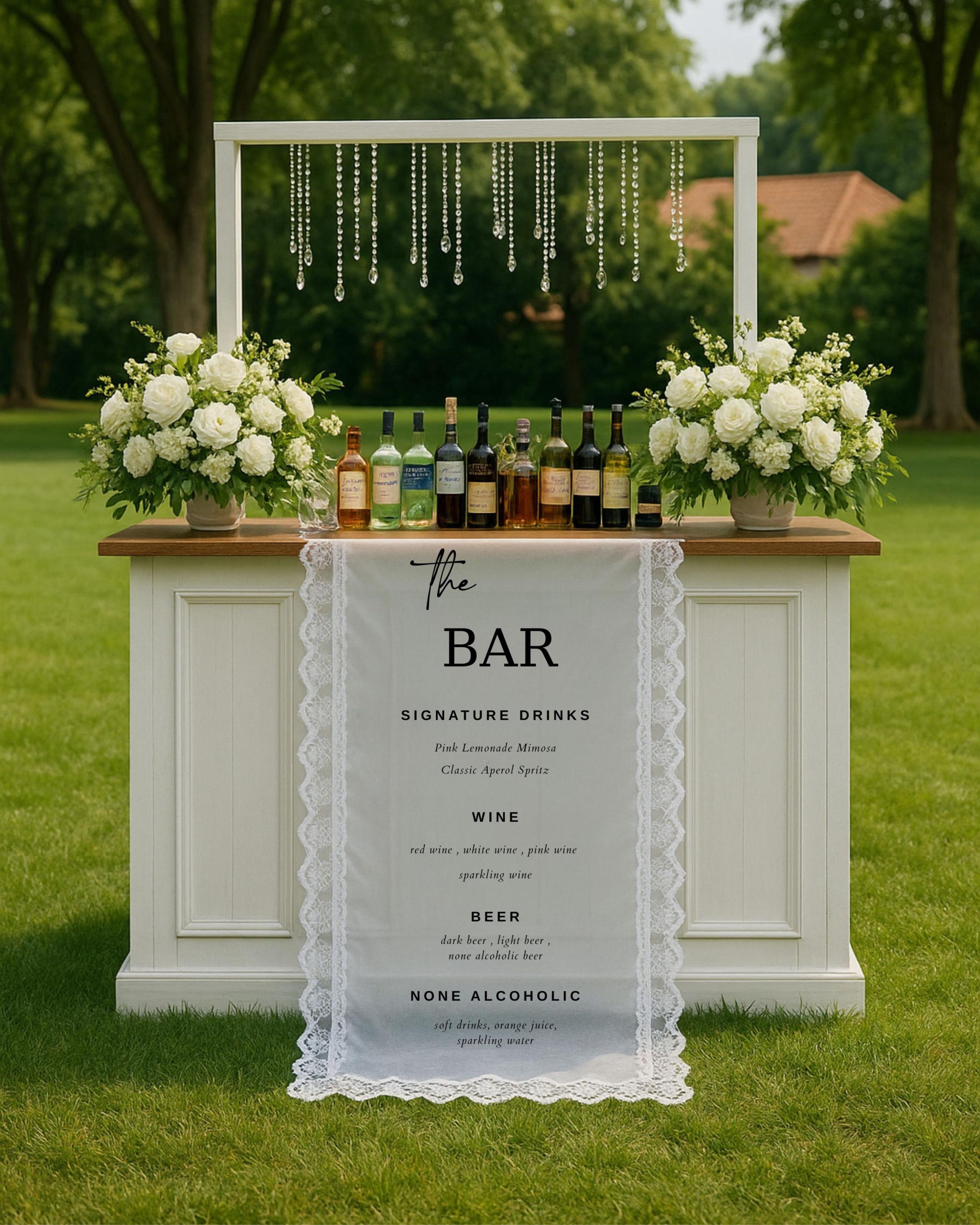 Lace Sheer Wedding Bar Sign–Fabric Cocktail Menu Banne–Sheer Lace Bar Menu Sign–Wedding Drink Station Decoration–Custom Lace Sheer Bar Sign