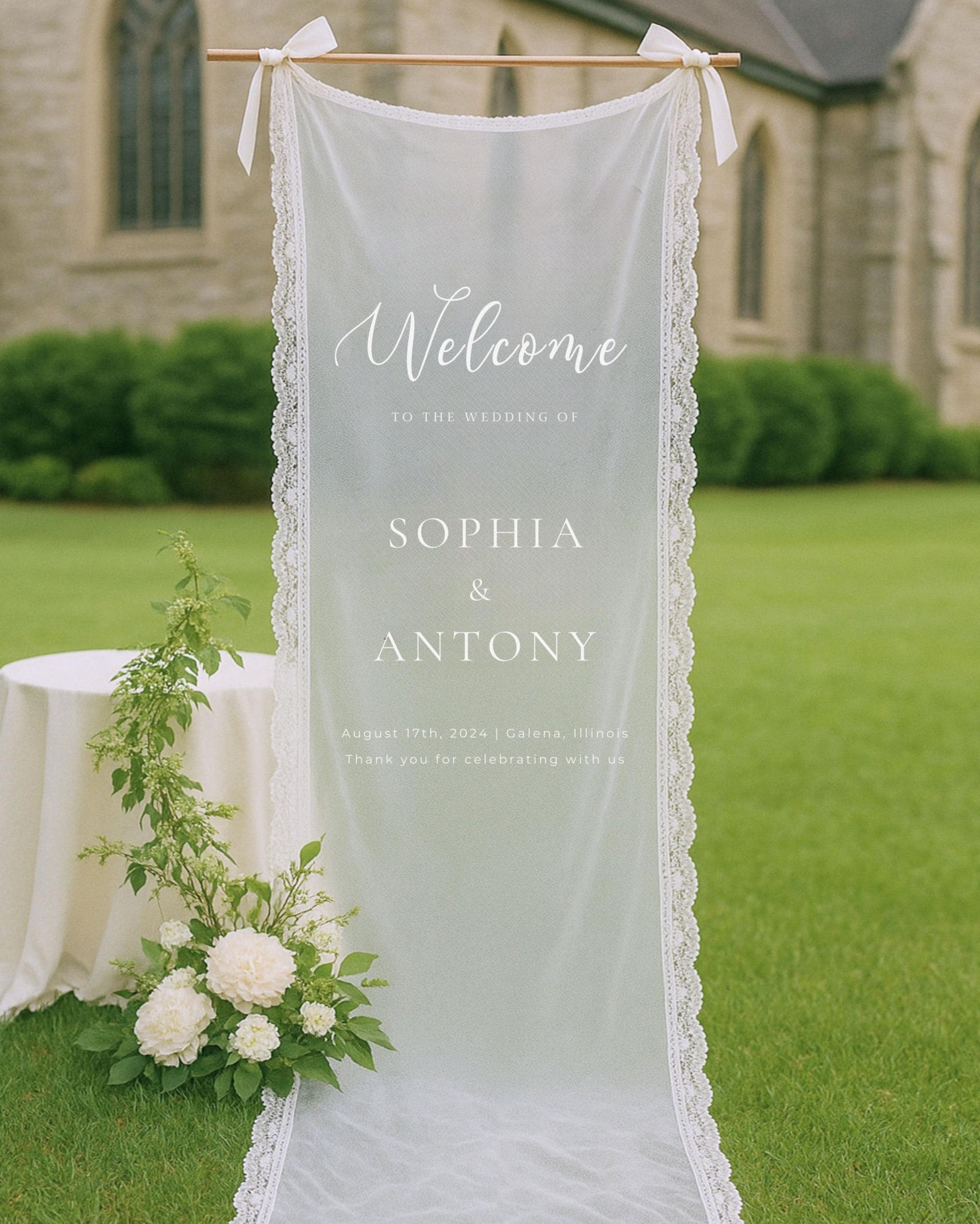 Romantic Sheer Wedding Sign, Linen Wedding Welcome Sign,Modern Outdoor Wedding Banner, Personalized Wedding Decoration,Engagement Party Sign