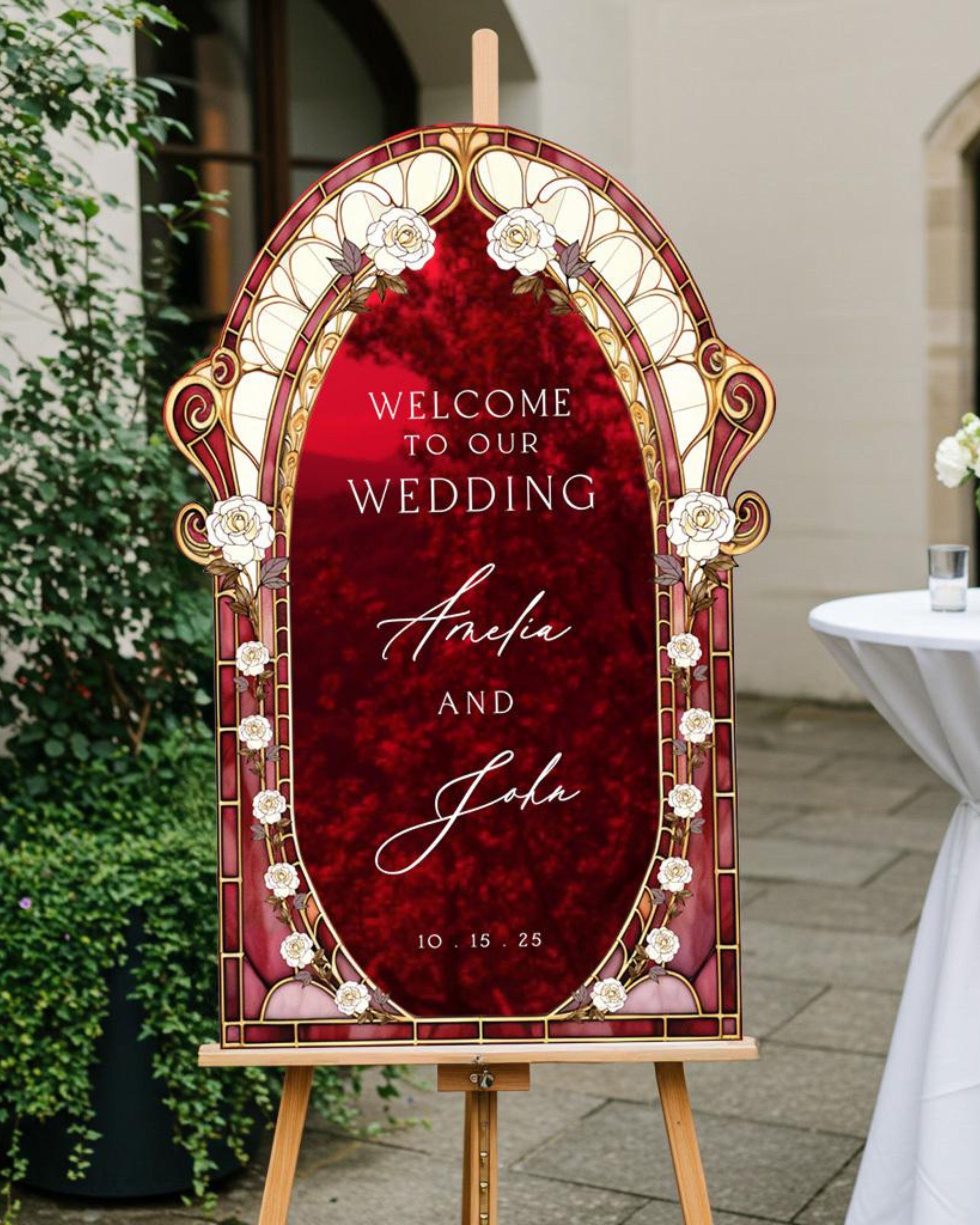 Burgundy Red Stained Glass Floral Wedding Sign, Cream Roses Frosted Wedding Welcome Sign, Printed Mirror Acrylic Wedding Entrance Sign