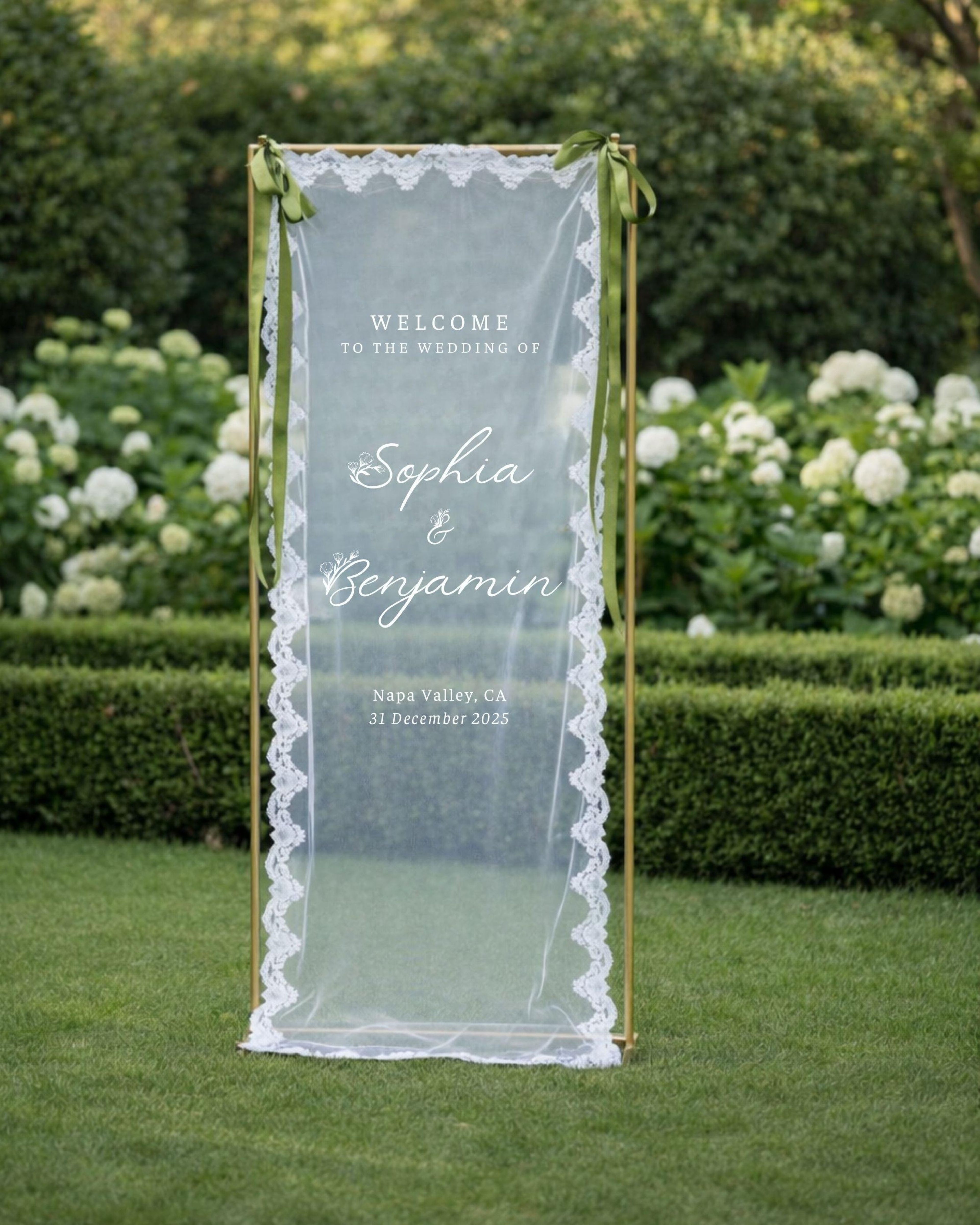 Romantic Sheer Wedding Sign, Linen Wedding Welcome Sign,Modern Outdoor Wedding Banner, Personalized Wedding Decoration,Engagement Party Sign