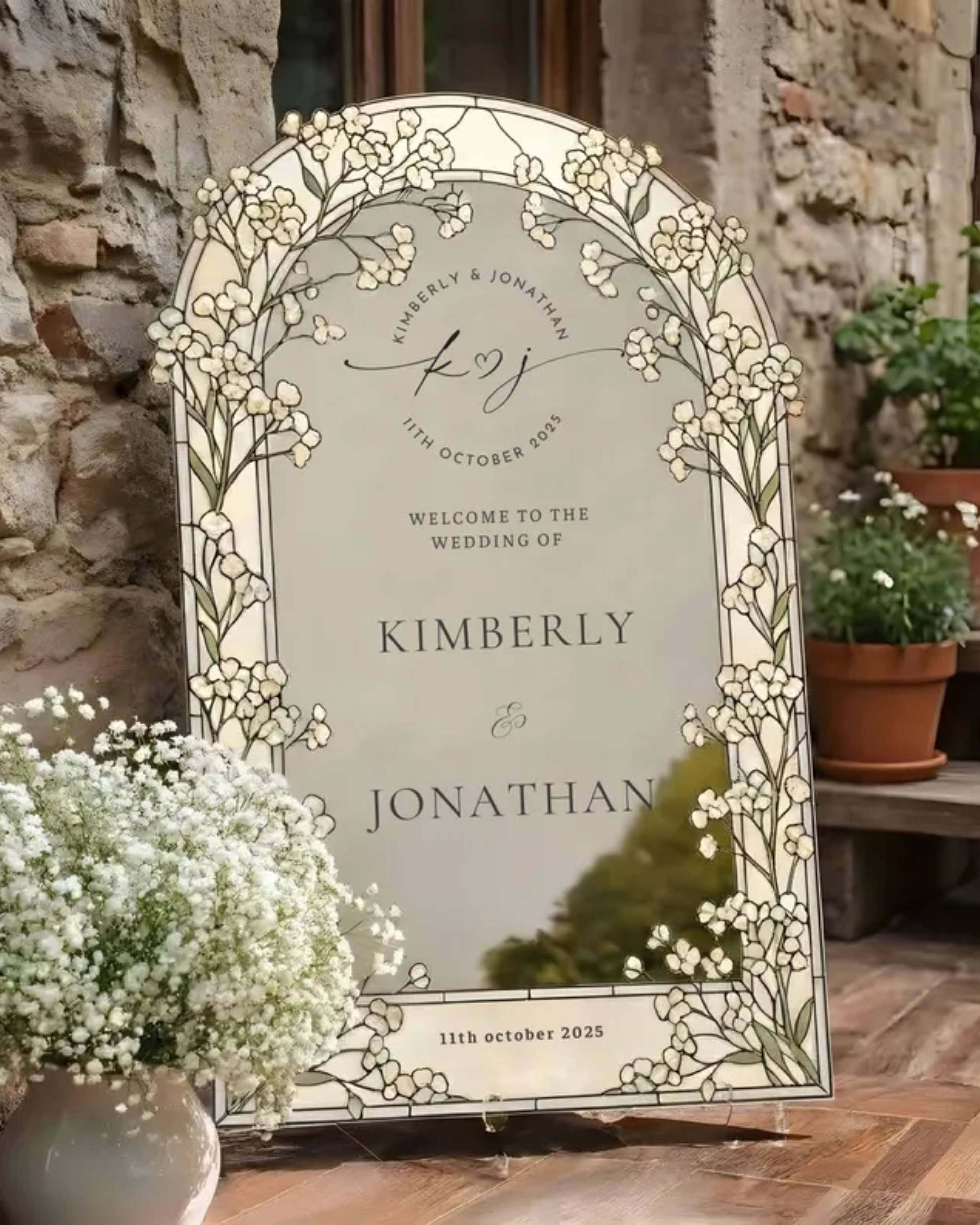 Personalized Wedding Sign, Stained Glass Look, Floral Arch, Custom Entrance Board