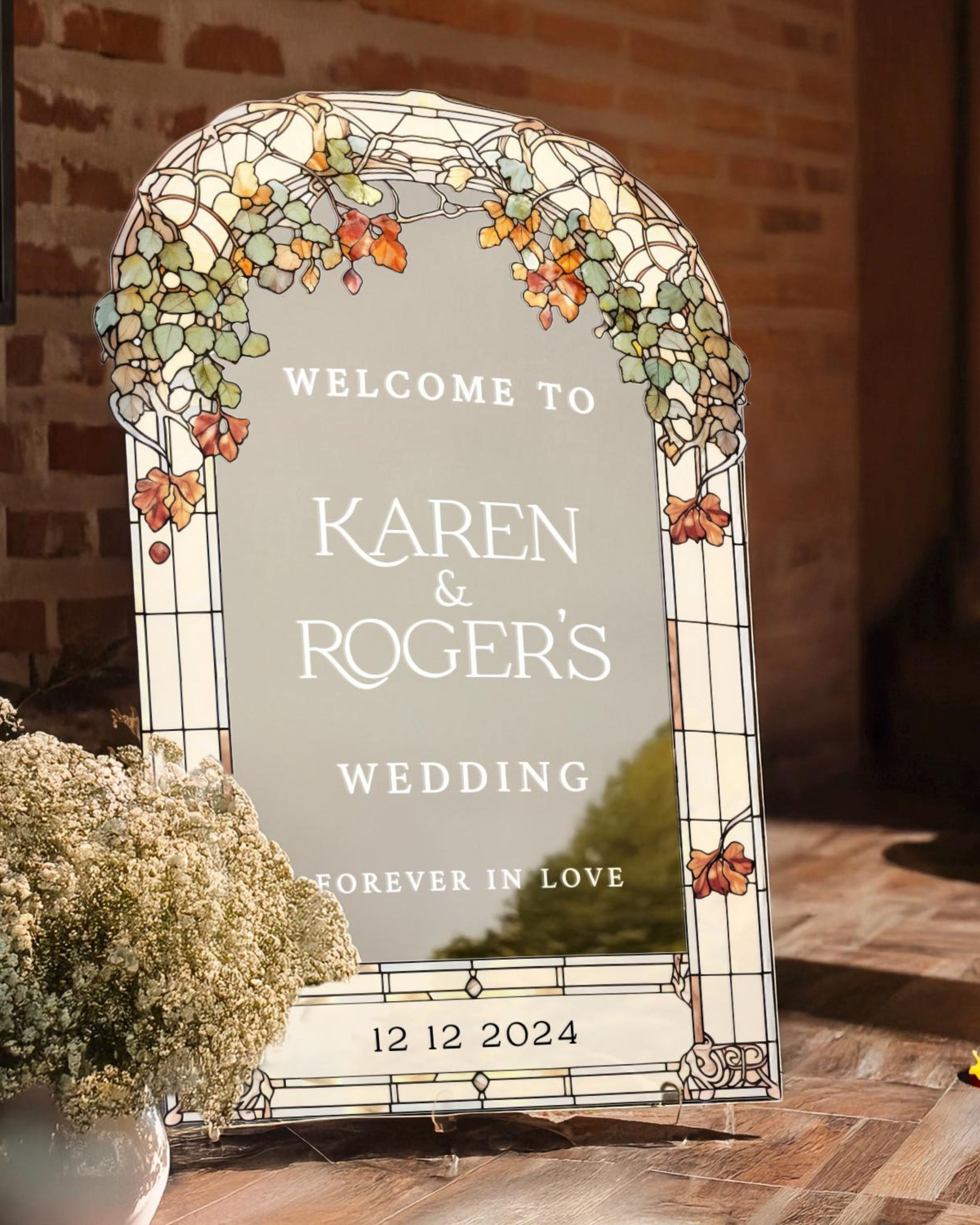 Stained Glass Floral Wedding Sign, Forever In Love Wedding Welcome Sign, Mirror Or Frosted Acrylic Wedding Entrance Sign