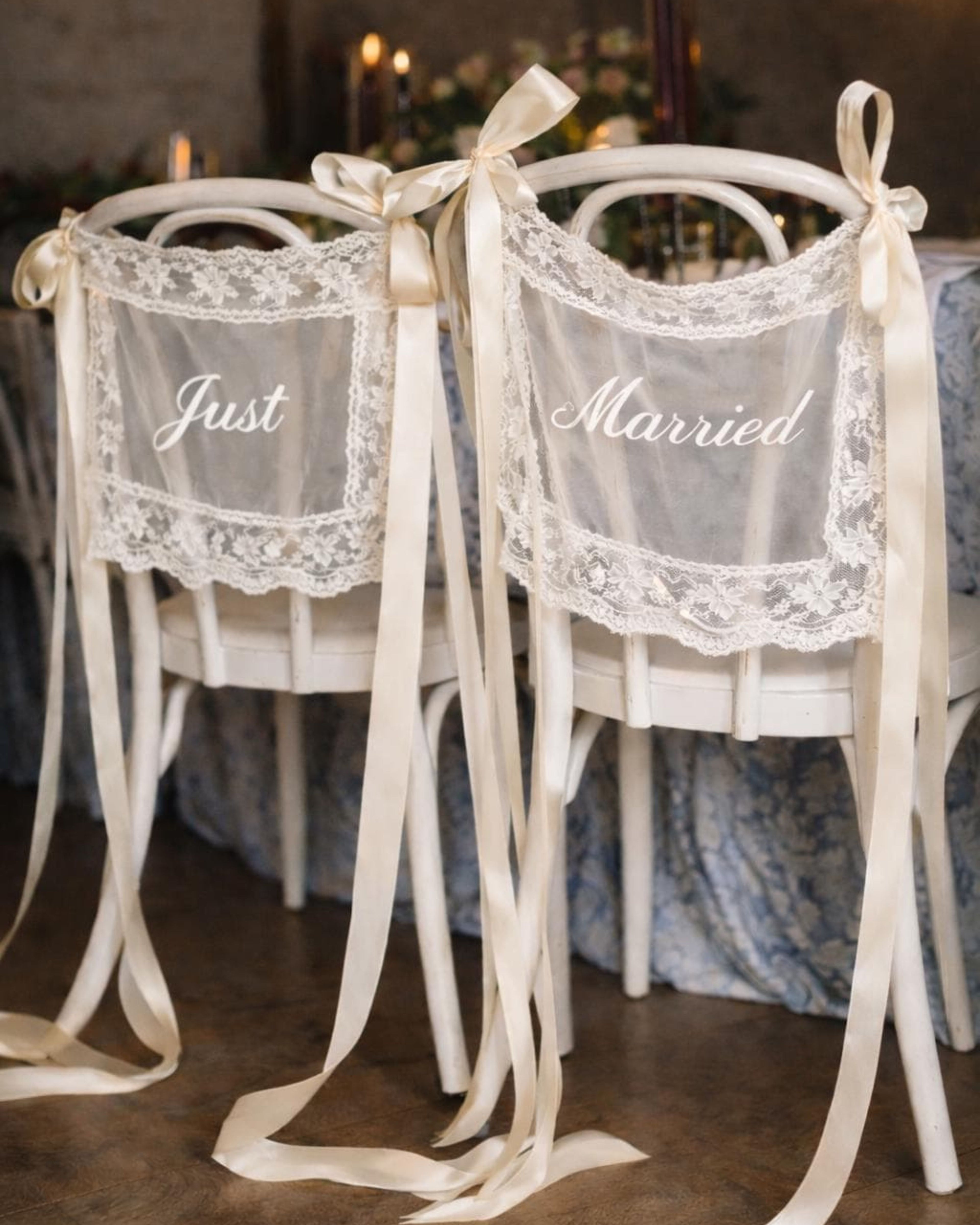 Sheer Lace Just Married Chair Signs for Bride and Groom, Wedding Chair Decor, Just Married Chair Signs, Sheer Lace Wedding Chair Banners