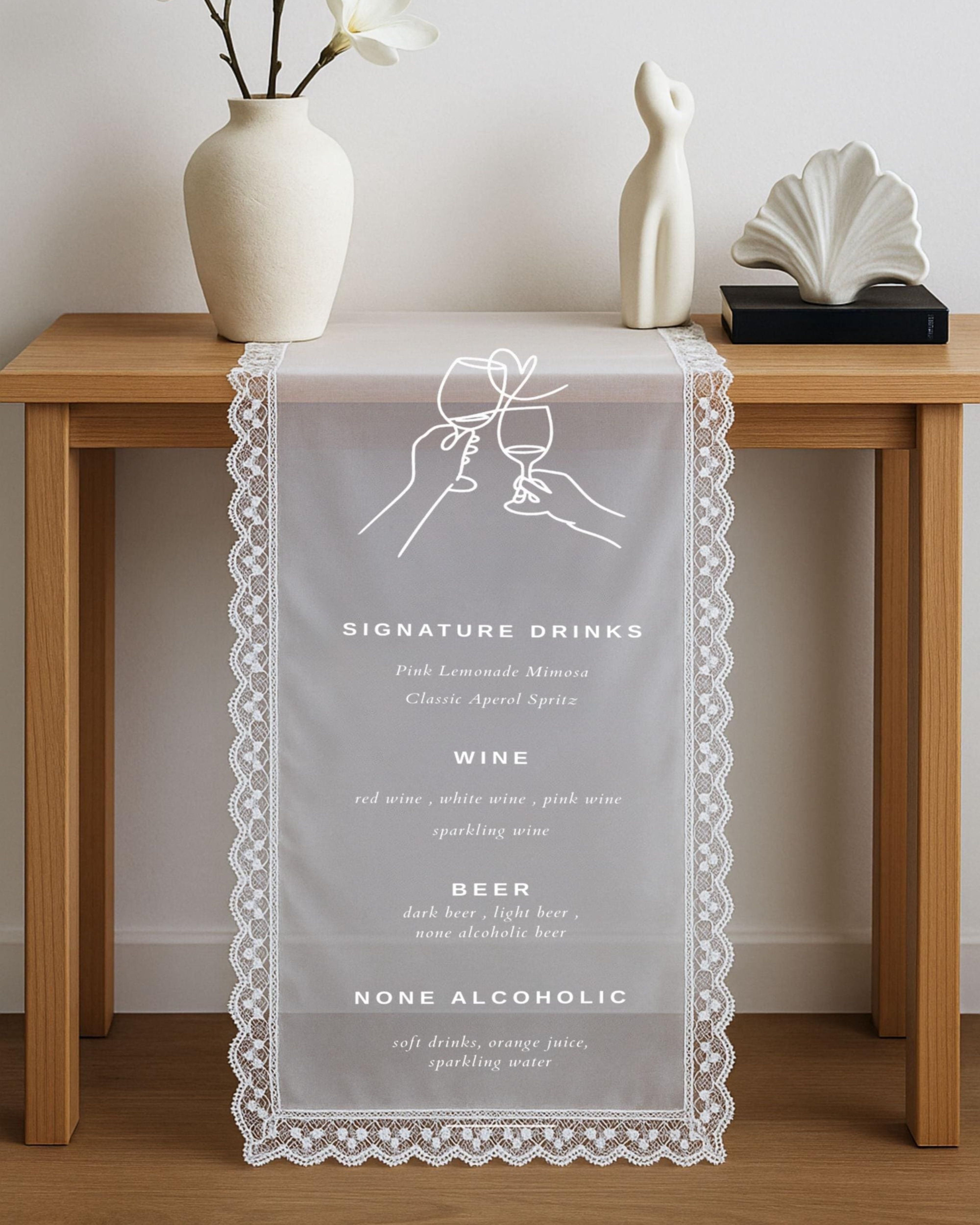 Lace Sheer Wedding Bar Sign–Fabric Cocktail Menu Banne–Sheer Lace Bar Menu Sign–Wedding Drink Station Decoration–Custom Lace Sheer Bar Sign