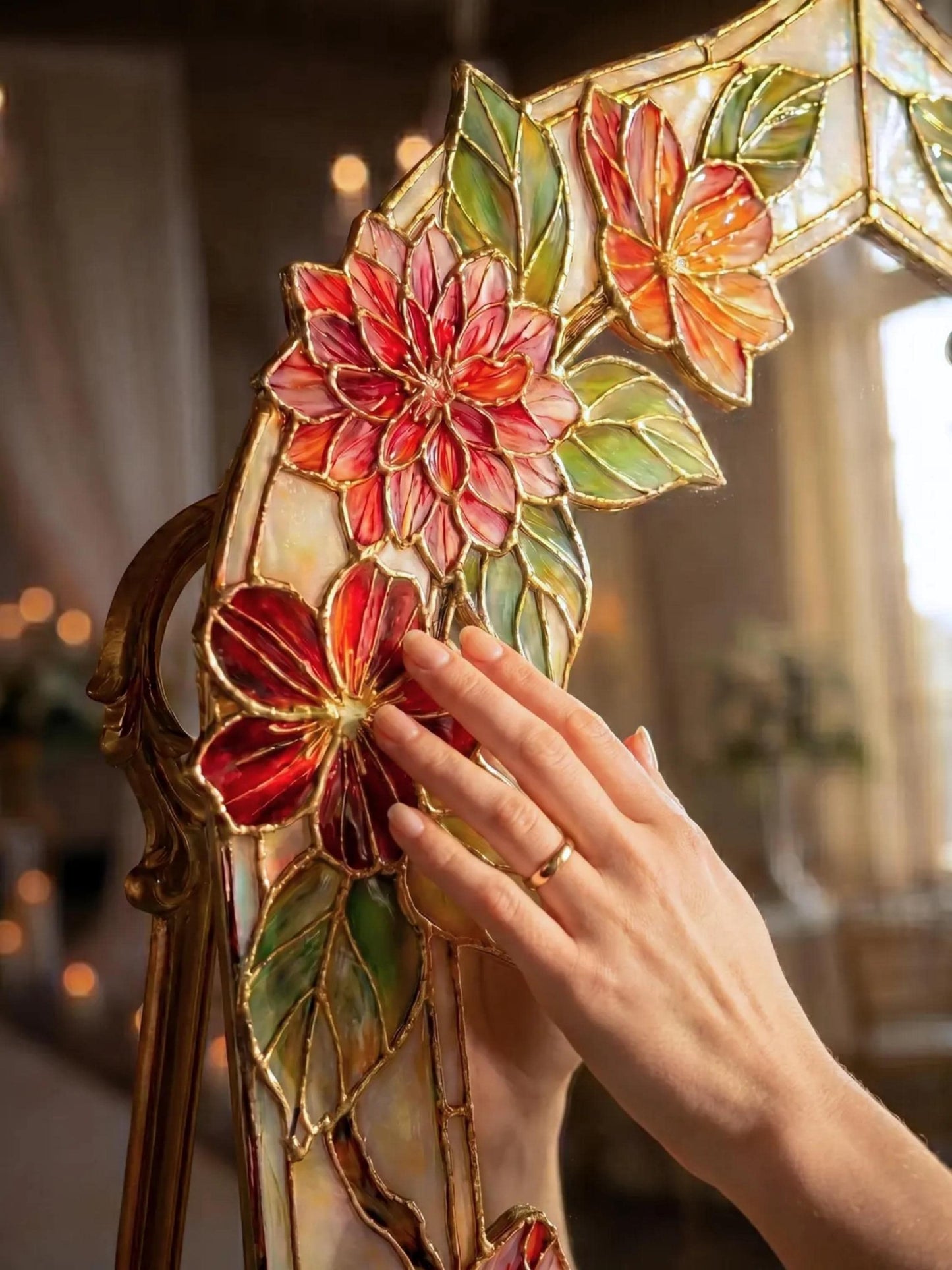 Fax Stained Glass Engagement Sign, Floral Arch Mirror Welcome Board, 3D Raised Acrylic, Moody Jewel Tone Autumn Decor