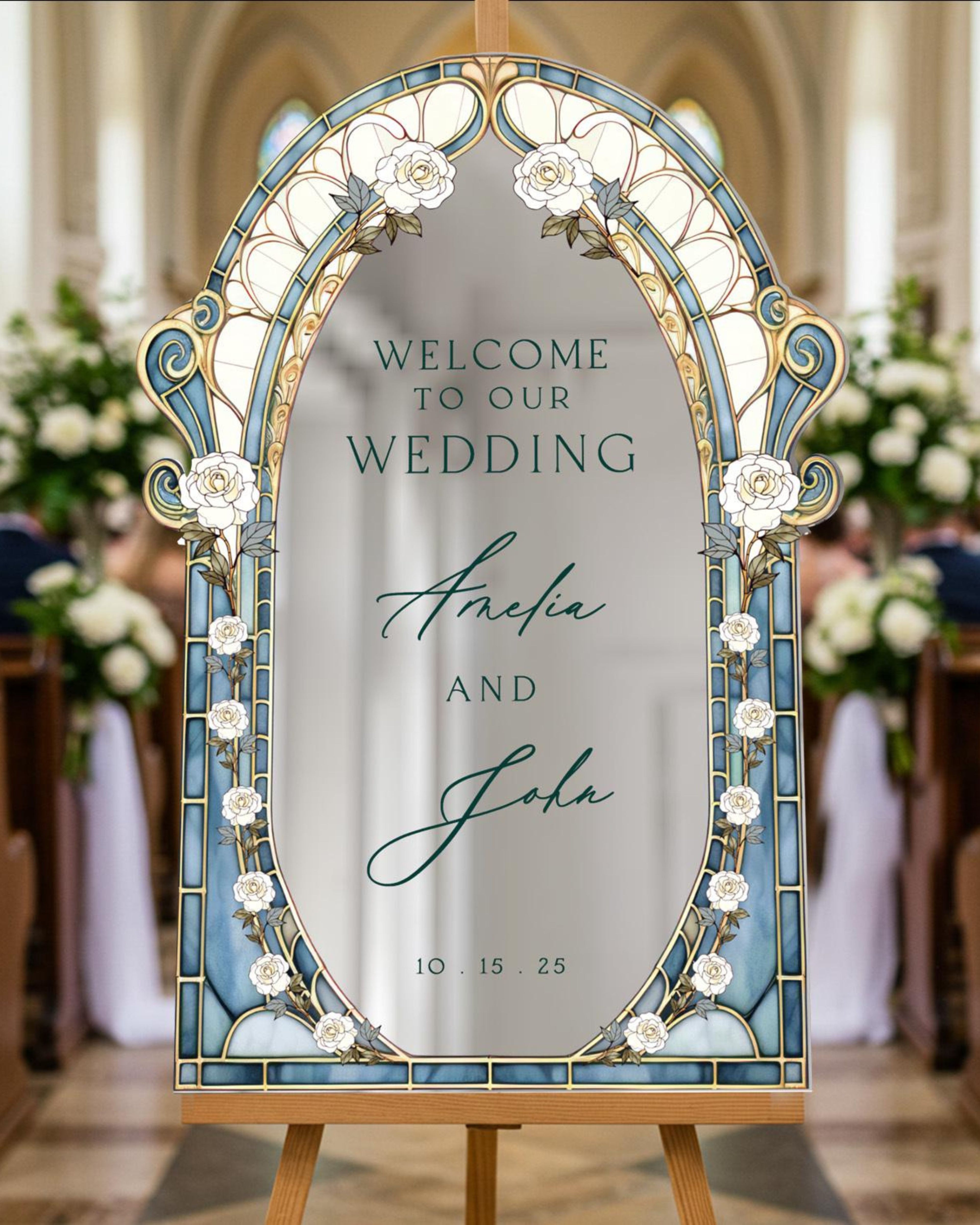 Stained Glass Wedding Sign, Roses Mirror Wedding Welcome Sign, Acrylic Wedding Entrance Sign, Wedding Decorations