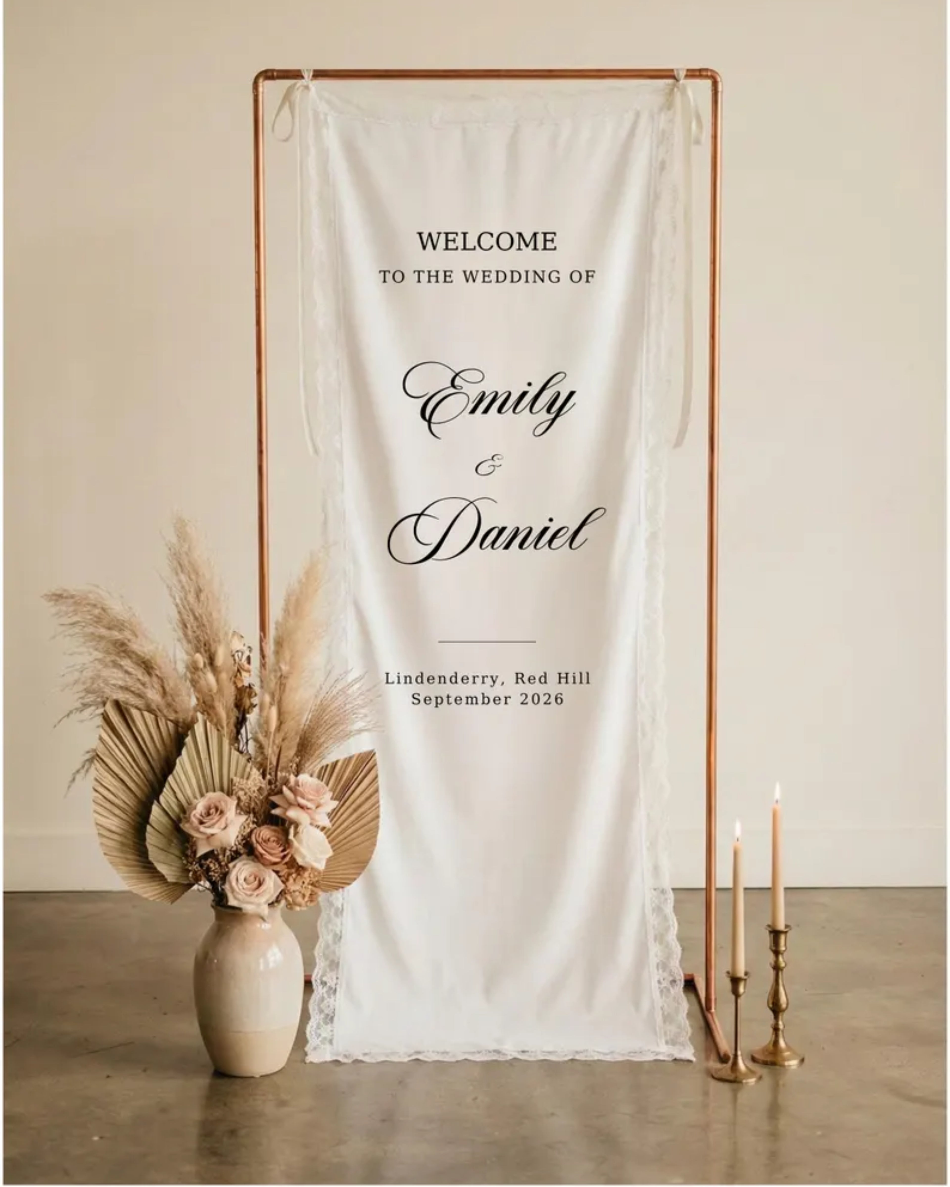 Linen sign with Lace Trim: Custom Wedding, Baby Shower Decor, romantic wedding