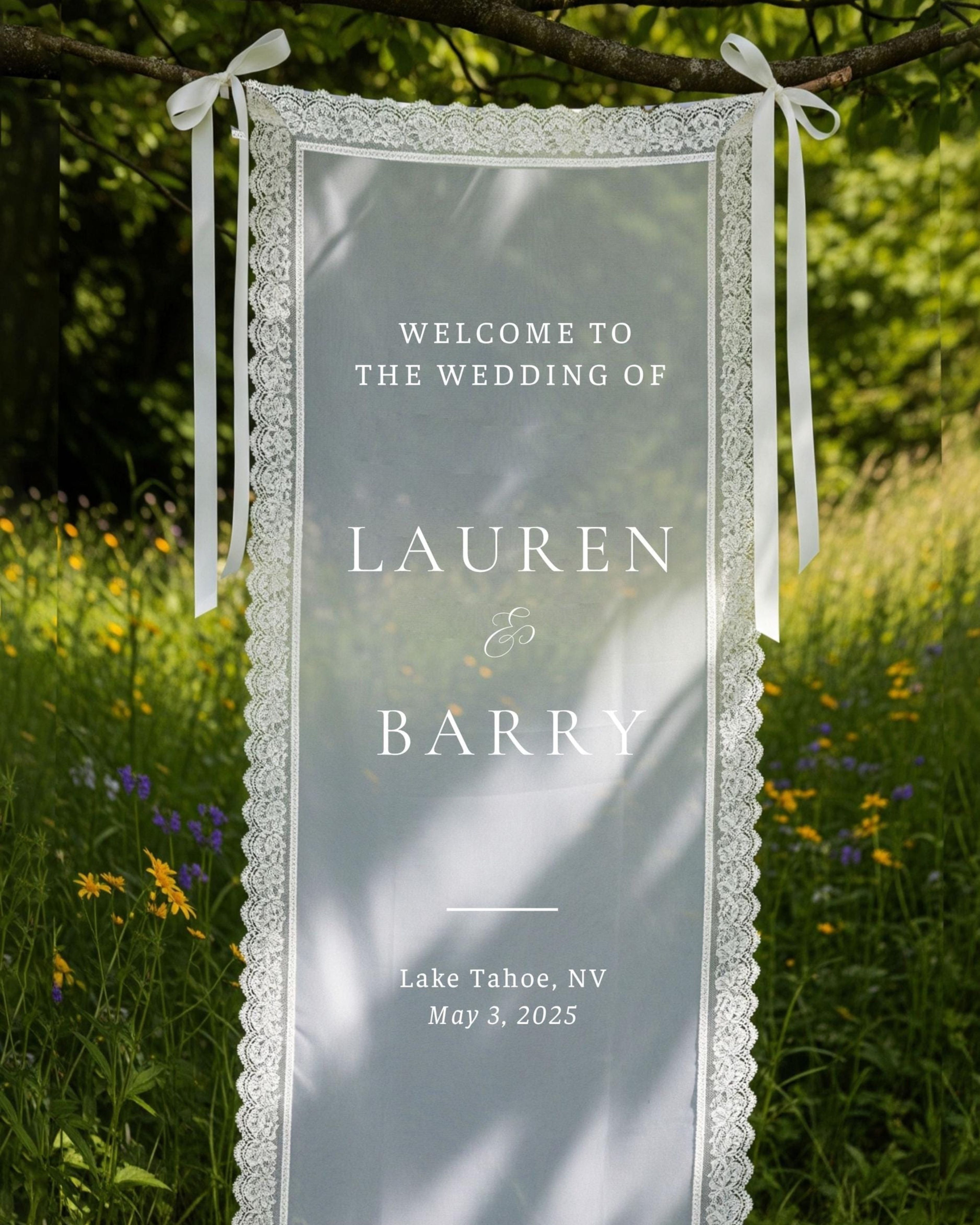 Lace Sheer Sign, Fabric Sign, Wedding Sheer Sign , Fabric sign, Custom Wedding Welcome Sign, Personalized Lace Edge Sign