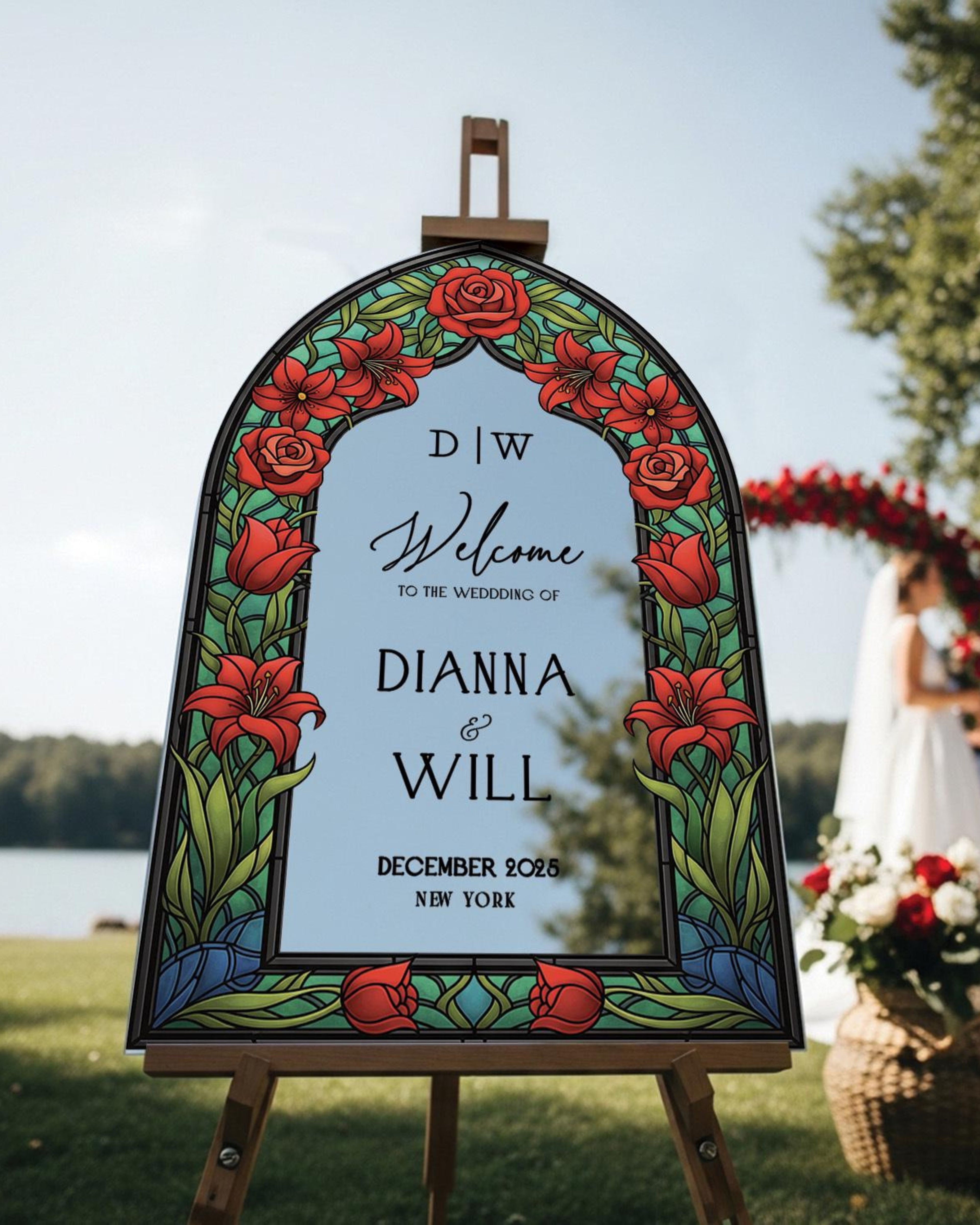 Red Floral Stained Glass Wedding Sign, Mirror Wedding Welcome Sign, Printed Mirrored Or Acrylic Wedding Entrance Signs
