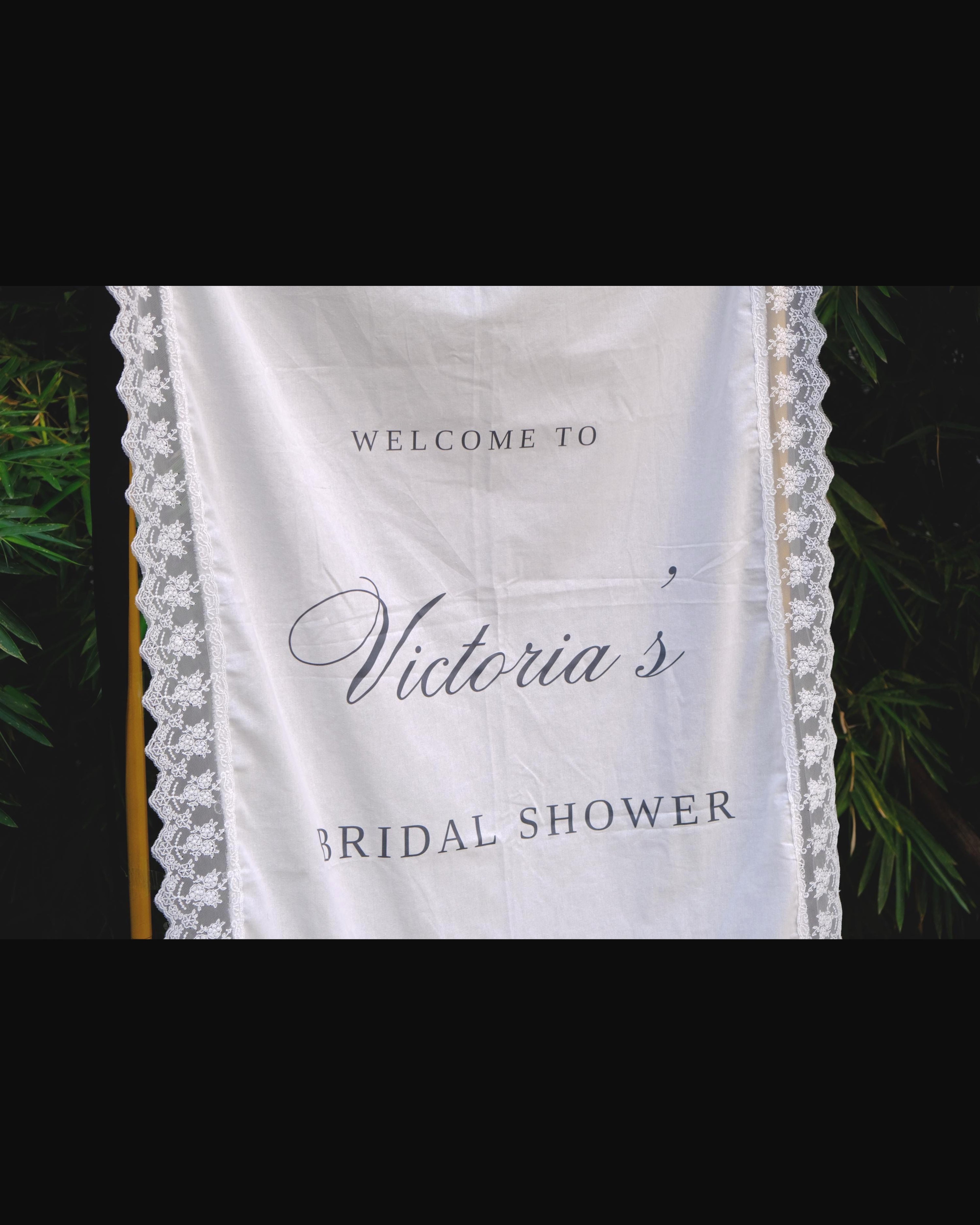 Bridal Shower Welcome Banner, Personalized Fabric Sign with Lace Trim, Elegant Wedding Shower Decoration