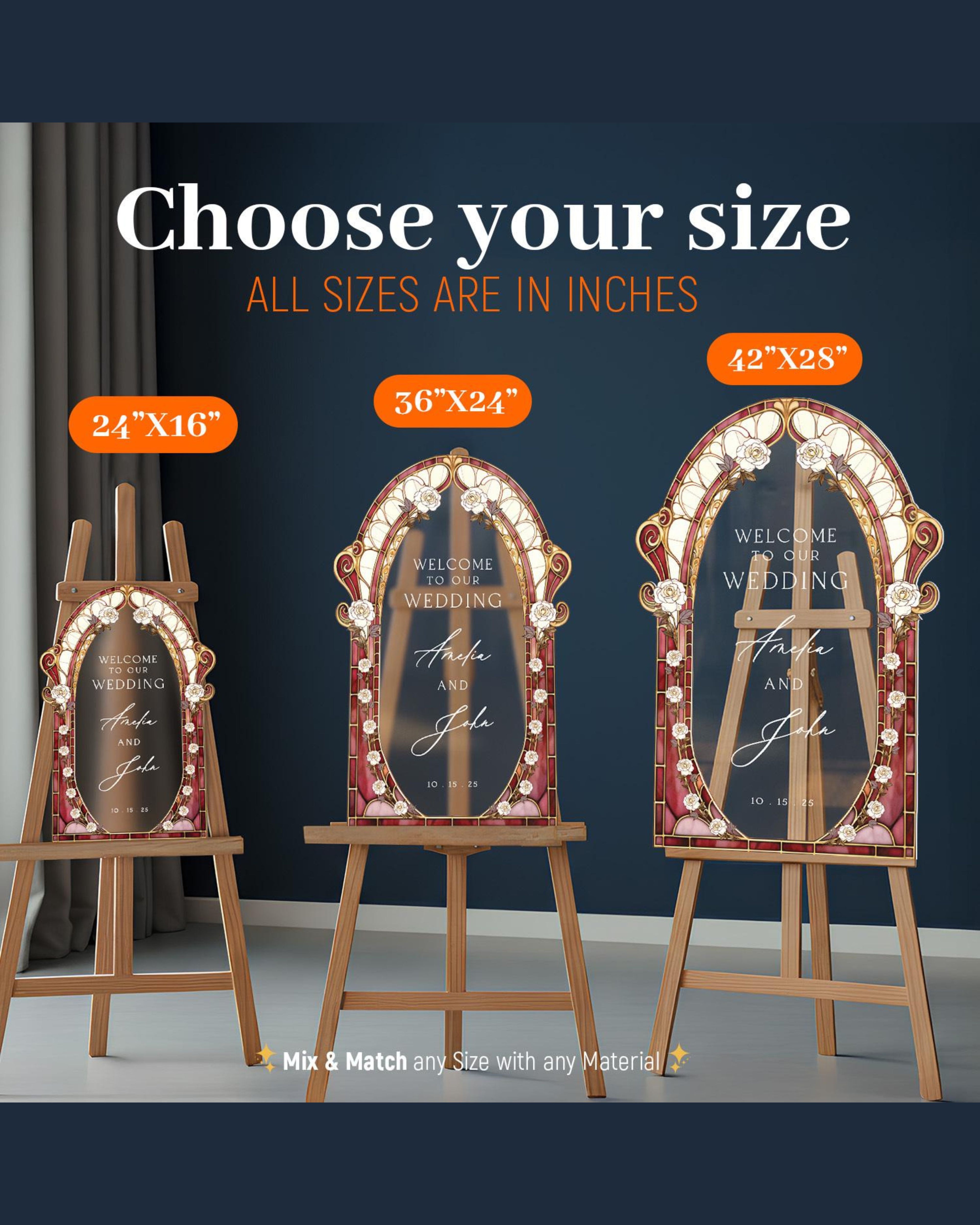 Burgundy Red Stained Glass Floral Wedding Sign, Cream Roses Frosted Wedding Welcome Sign, Printed Mirror Acrylic Wedding Entrance Sign