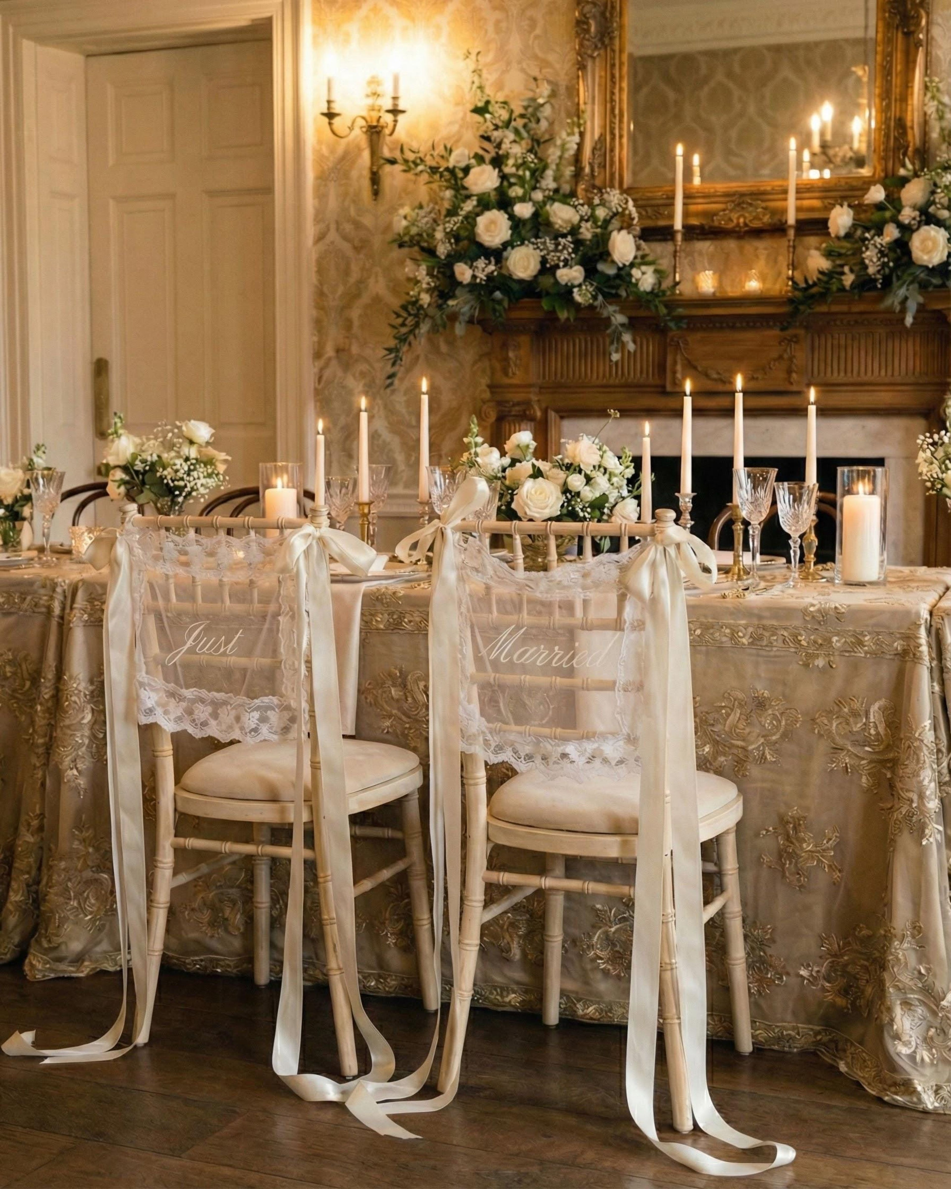 Sheer Lace Just Married Chair Signs for Bride and Groom, Wedding Chair Decor, Just Married Chair Signs, Sheer Lace Wedding Chair Banners