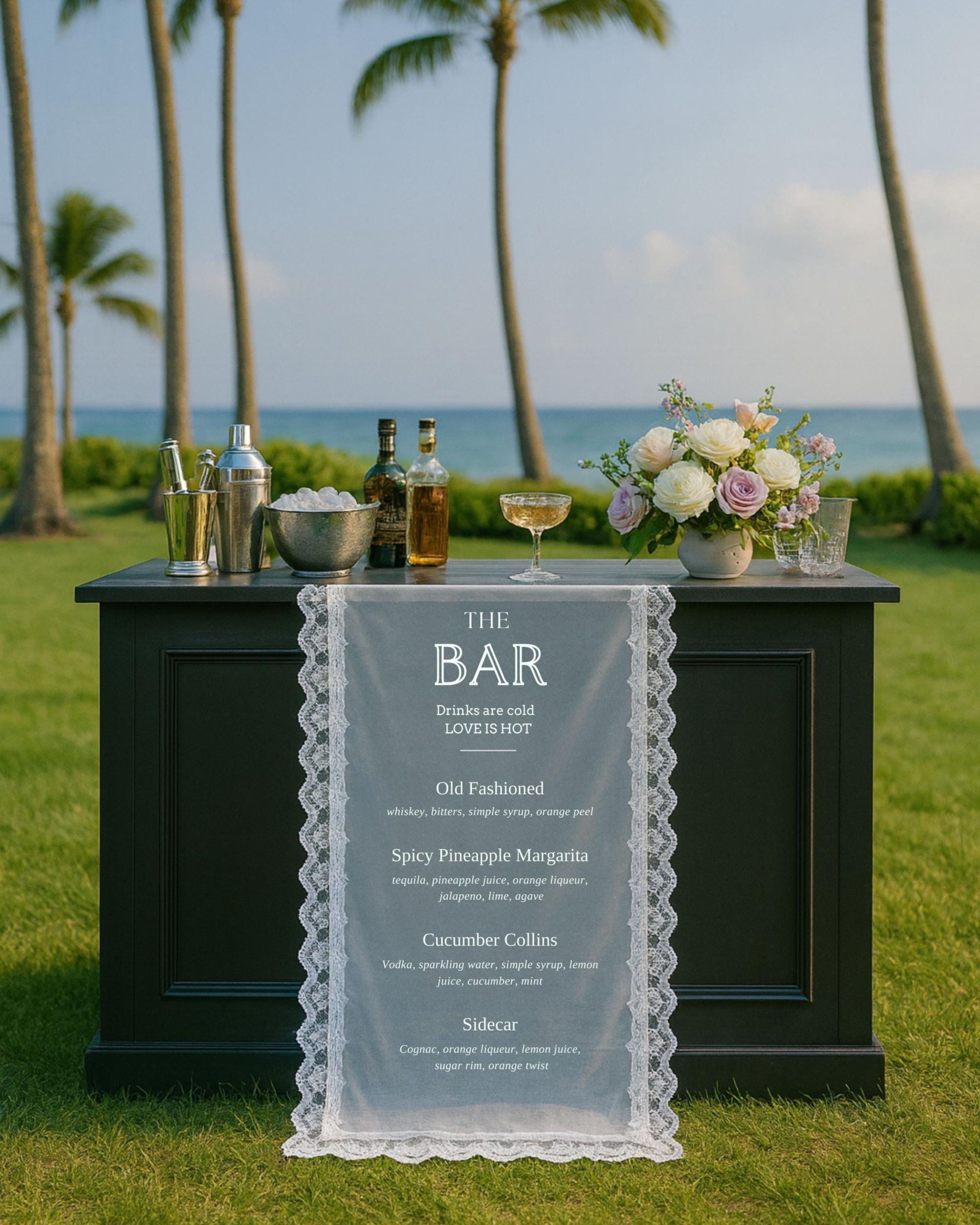 Lace Sheer Wedding Bar Sign–Fabric Cocktail Menu Banne–Sheer Lace Bar Menu Sign–Wedding Drink Station Decoration–Custom Lace Sheer Bar Sign