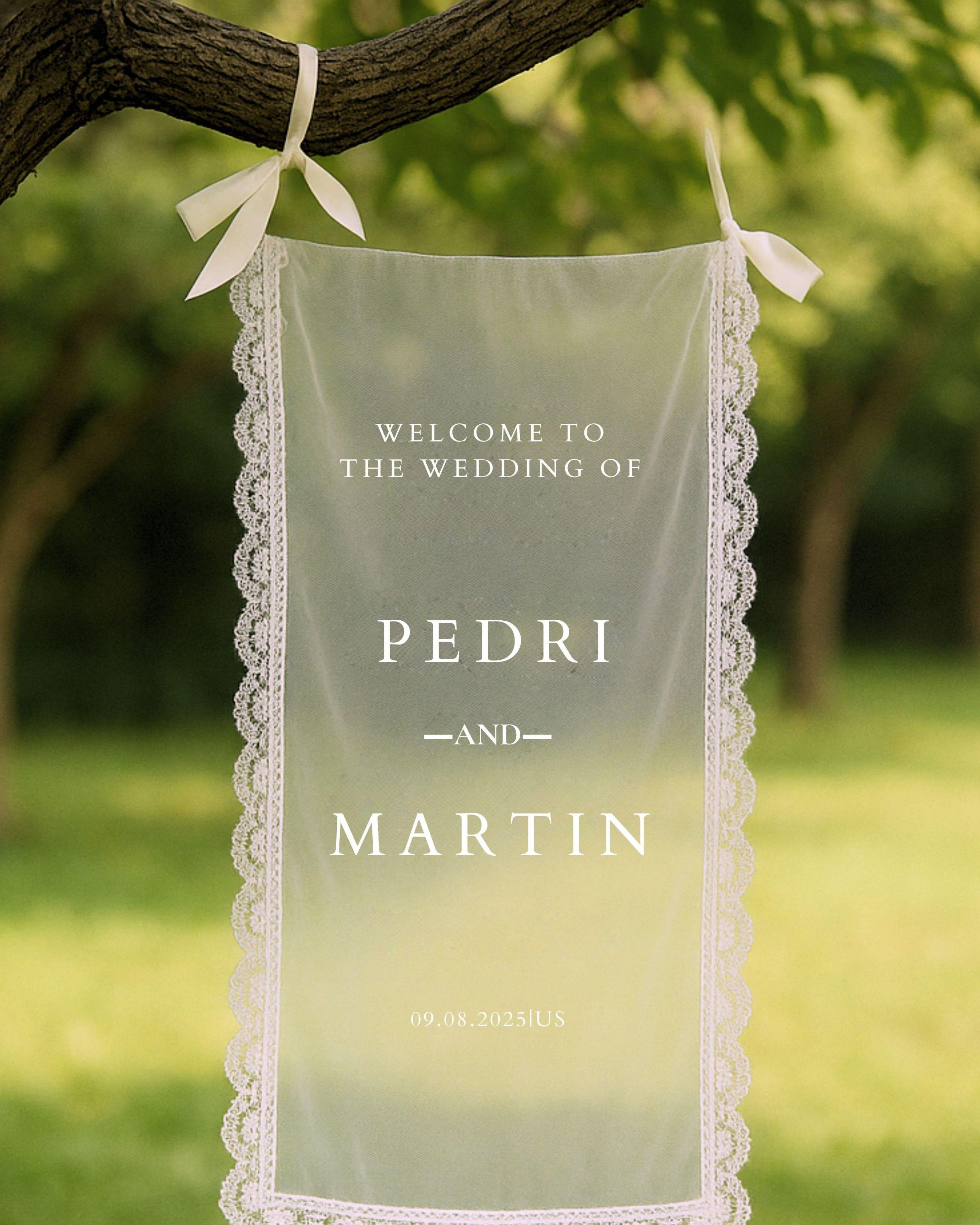 Romantic Sheer Wedding Sign, Linen Wedding Welcome Sign,Modern Outdoor Wedding Banner, Personalized Wedding Decoration,Engagement Party Sign