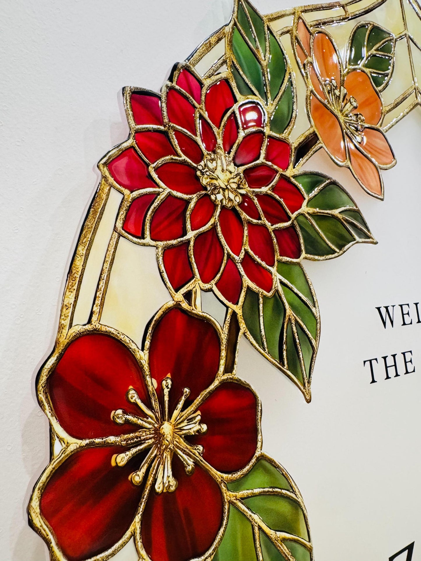 Fax Stained Glass Engagement Sign, Floral Arch Mirror Welcome Board, 3D Raised Acrylic, Moody Jewel Tone Autumn Decor