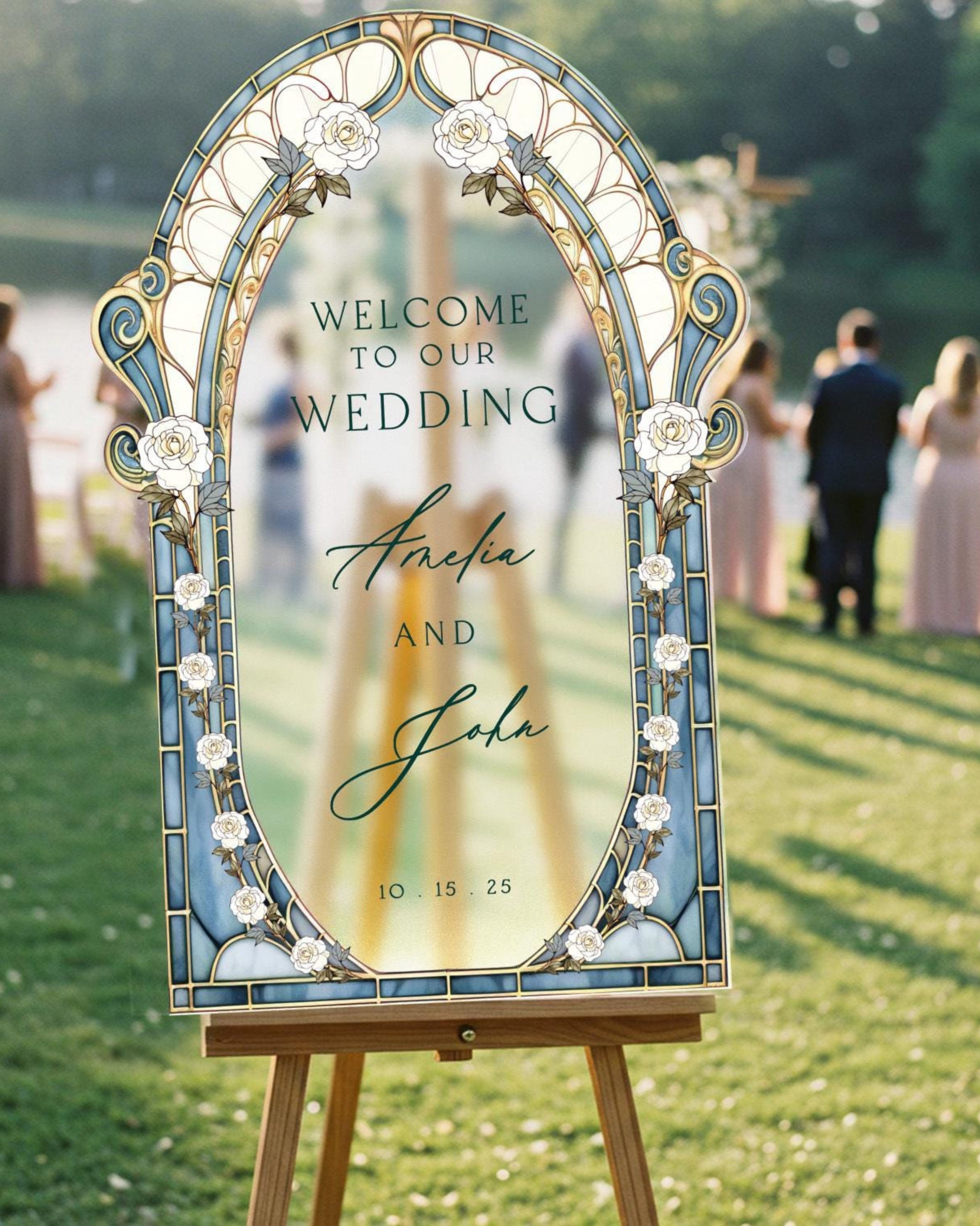 Stained Glass Wedding Sign, Roses Mirror Wedding Welcome Sign, Acrylic Wedding Entrance Sign, Wedding Decorations