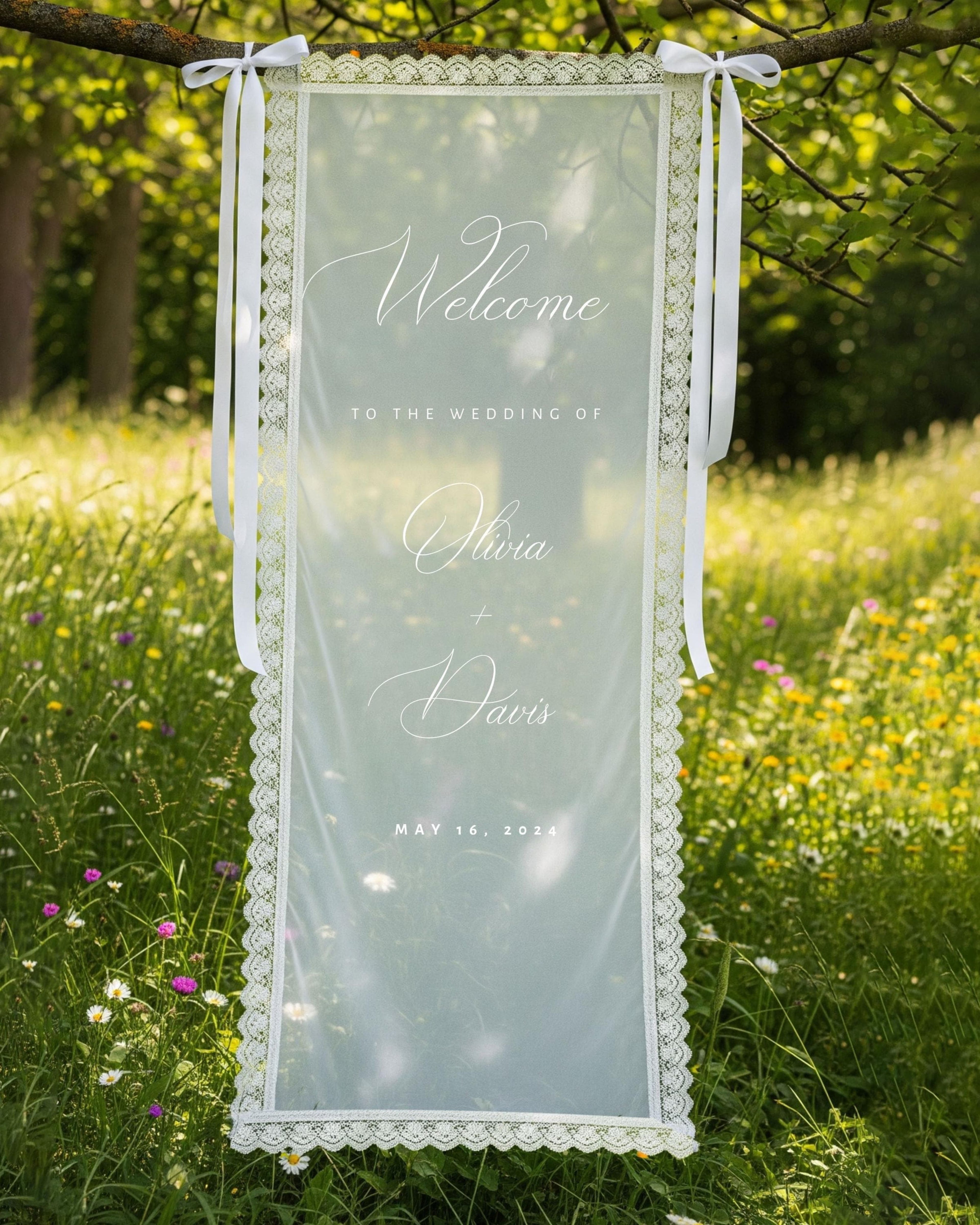 Lace Sheer Sign, Fabric Sign, Wedding Sheer Sign , Fabric sign, Custom Wedding Welcome Sign, Personalized Lace Edge Sign