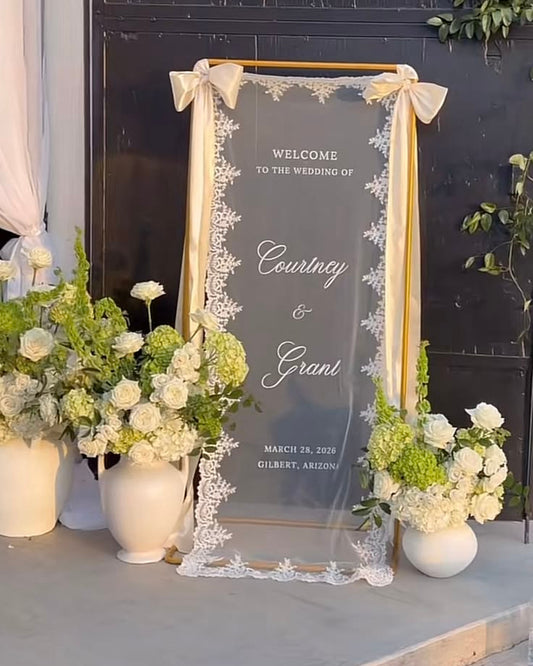 Sheer Lace Wedding Welcome Sign, Personalized Romantic Wedding Banner, Fabric Ceremony Reception Signage, Custom Wedding Decor