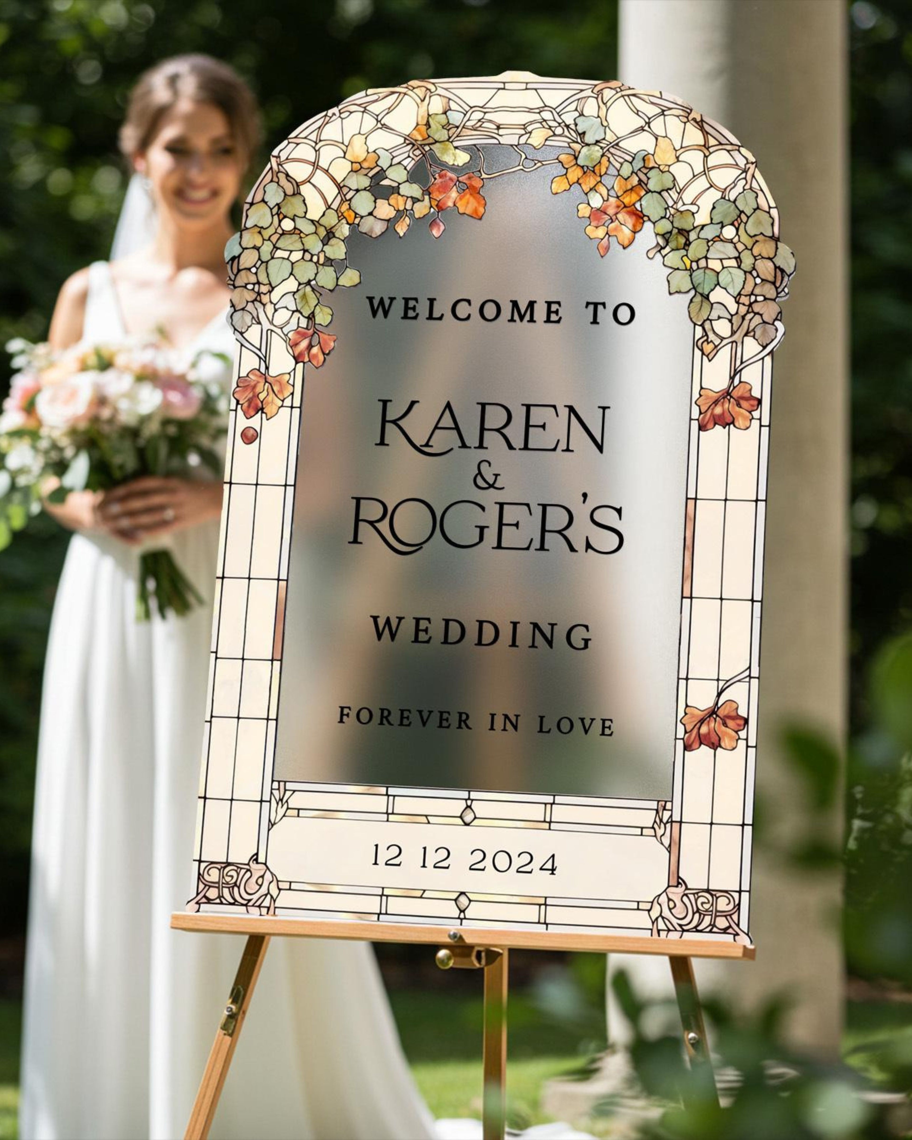 Stained Glass Floral Wedding Sign, Forever In Love Wedding Welcome Sign, Mirror Or Frosted Acrylic Wedding Entrance Sign