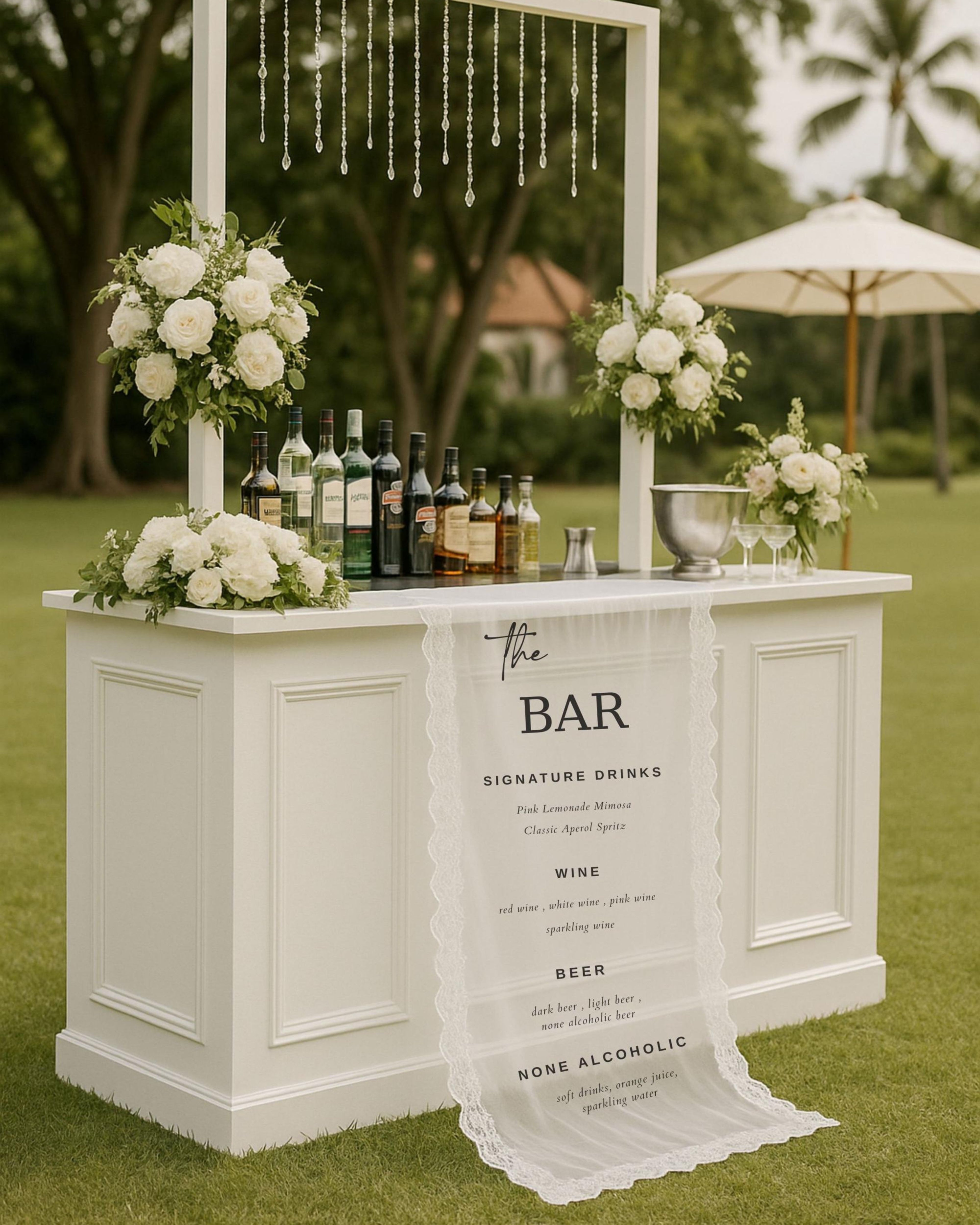 Lace Sheer Wedding Bar Sign–Fabric Cocktail Menu Banne–Sheer Lace Bar Menu Sign–Wedding Drink Station Decoration–Custom Lace Sheer Bar Sign