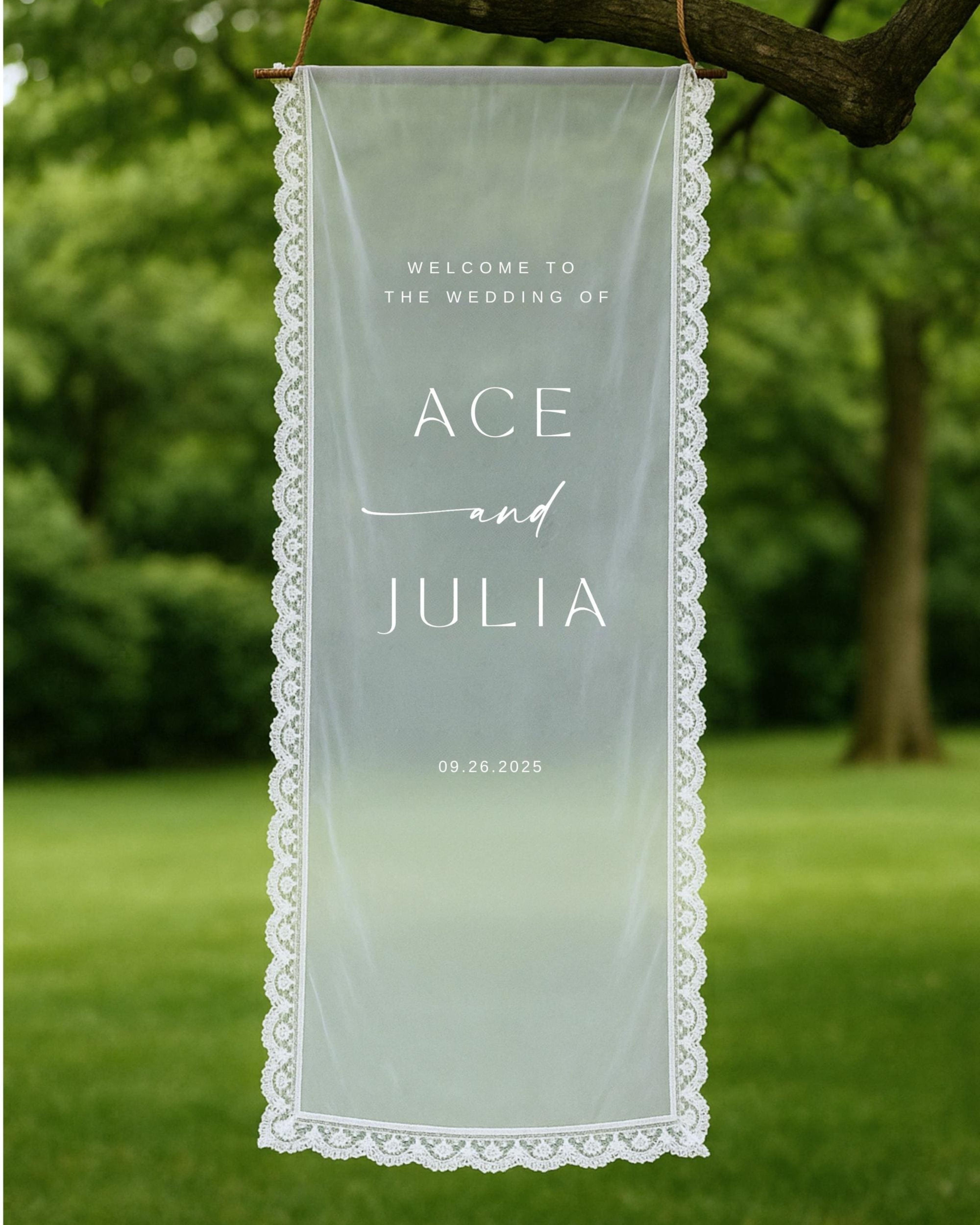 Romantic Sheer Wedding Sign, Linen Wedding Welcome Sign,Modern Outdoor Wedding Banner, Personalized Wedding Decoration,Engagement Party Sign
