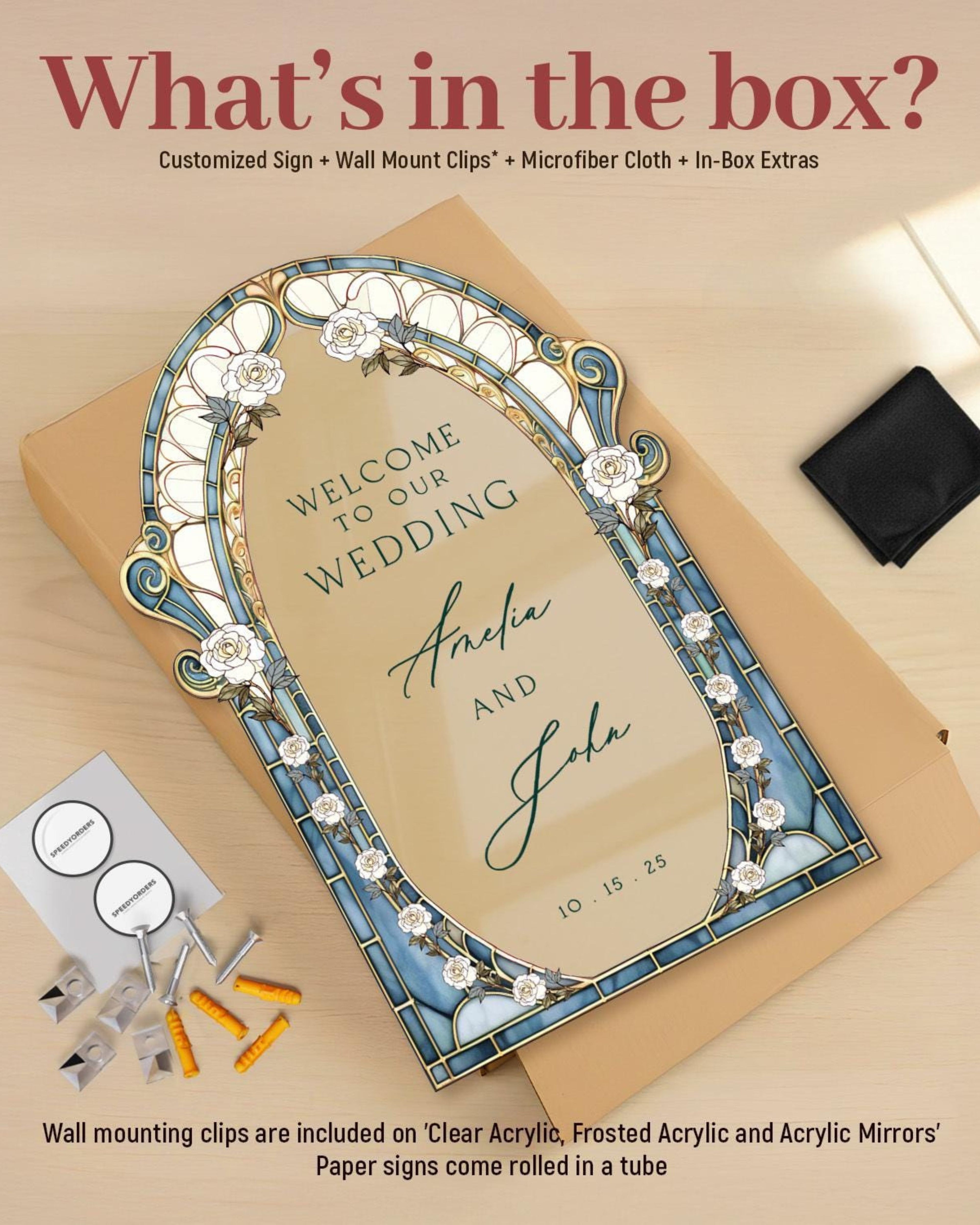 Stained Glass Wedding Sign, Roses Mirror Wedding Welcome Sign, Acrylic Wedding Entrance Sign, Wedding Decorations