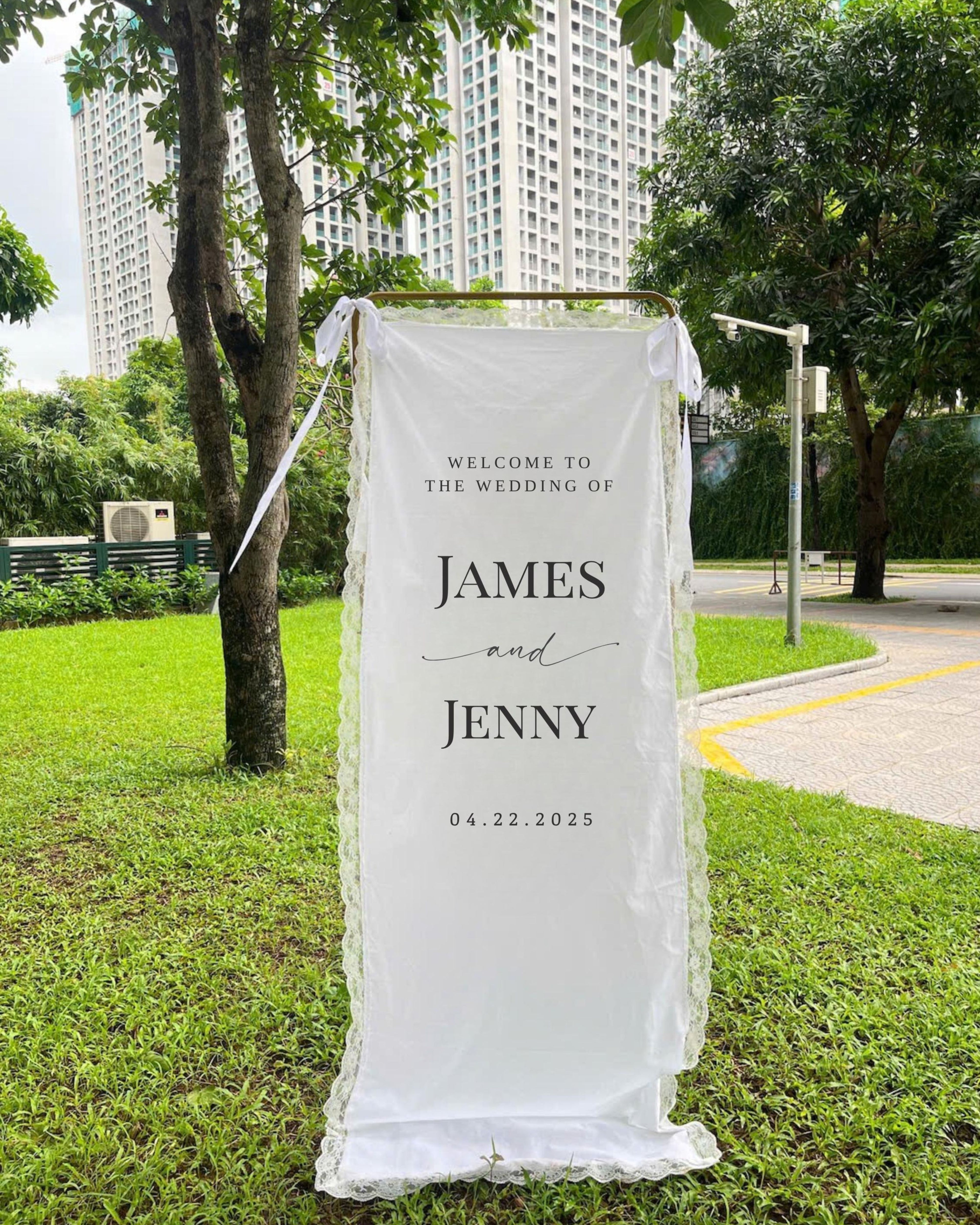 Lace Wedding Welcome Sign, Custom Linen Fabric Banner