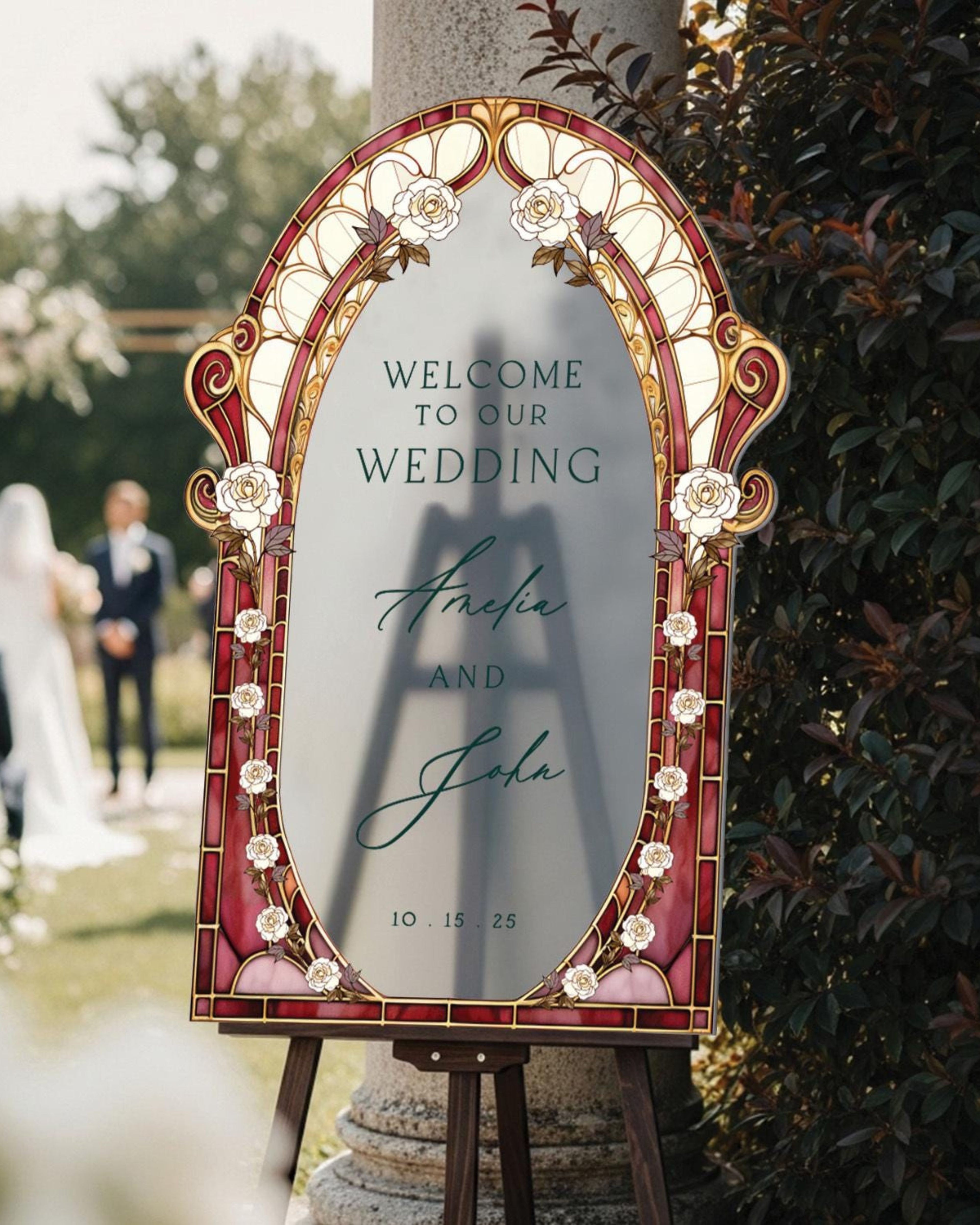 Burgundy Red Stained Glass Floral Wedding Sign, Cream Roses Frosted Wedding Welcome Sign, Printed Mirror Acrylic Wedding Entrance Sign