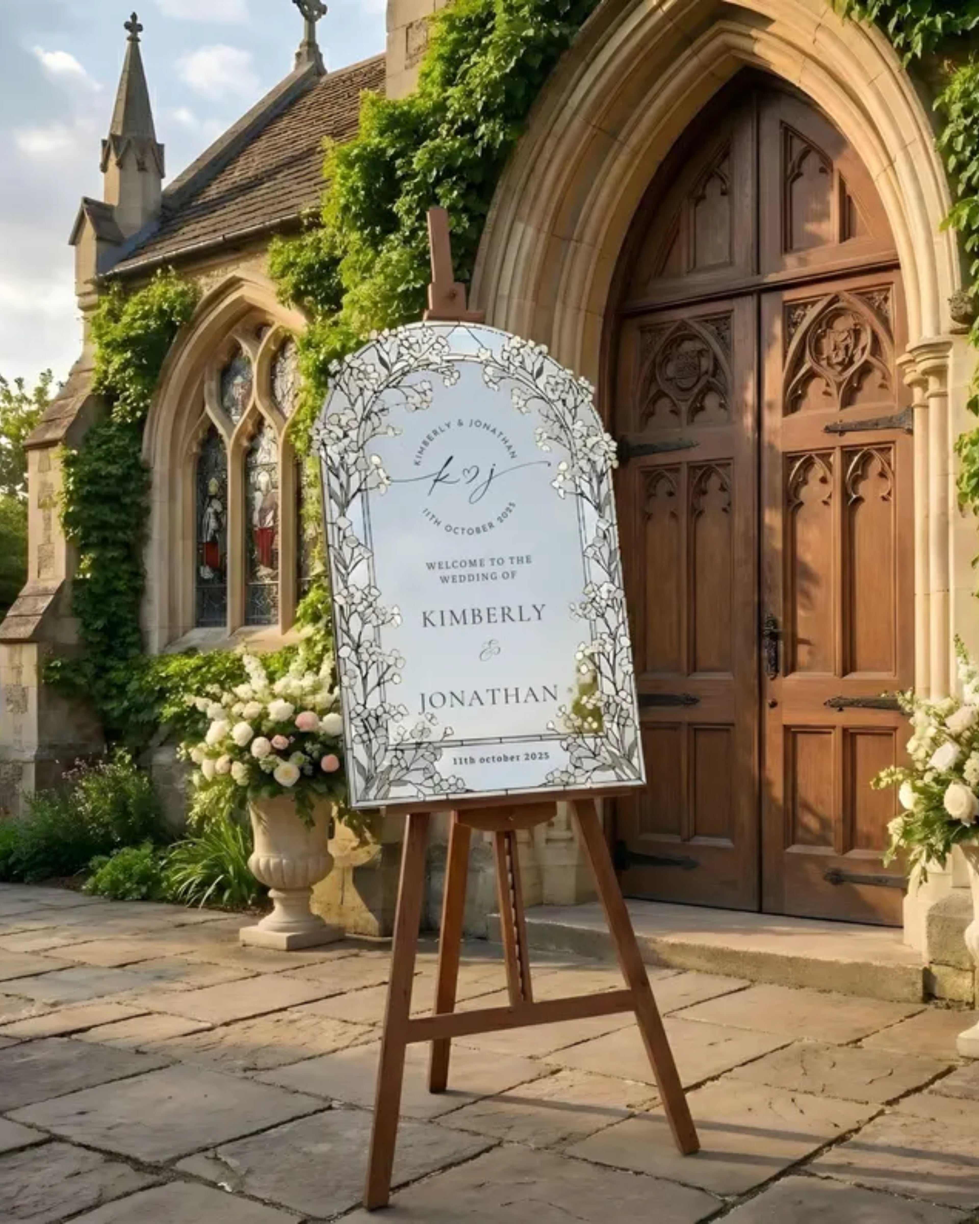 Personalized Wedding Sign, Stained Glass Look, Floral Arch, Custom Entrance Board