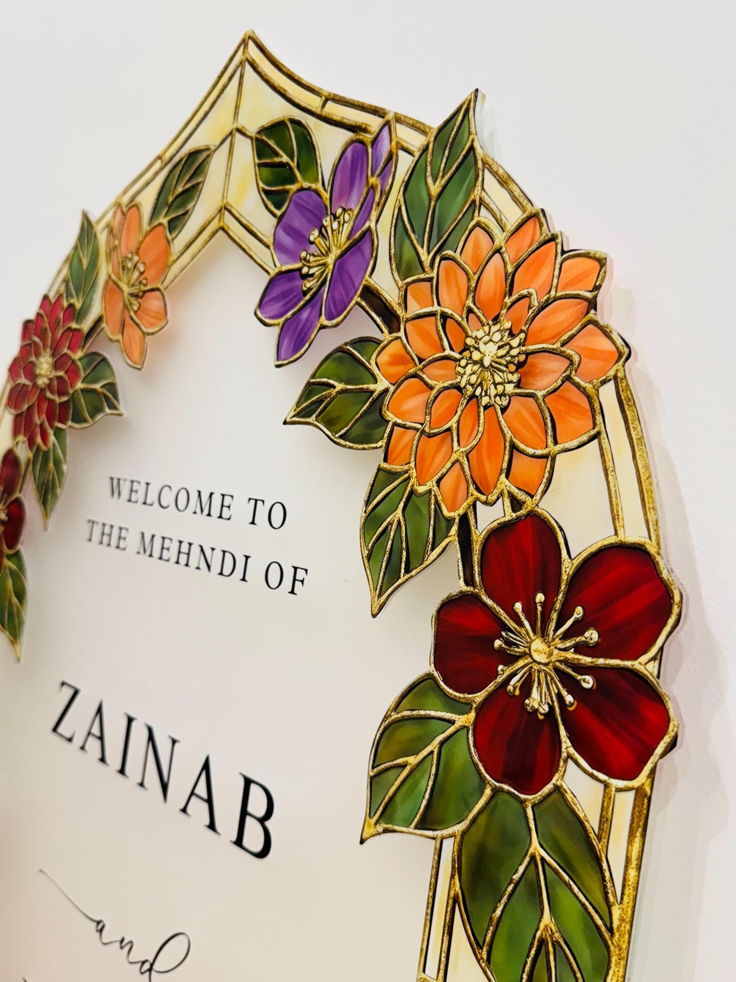 Fax Stained Glass Engagement Sign, Floral Arch Mirror Welcome Board, 3D Raised Acrylic, Moody Jewel Tone Autumn Decor