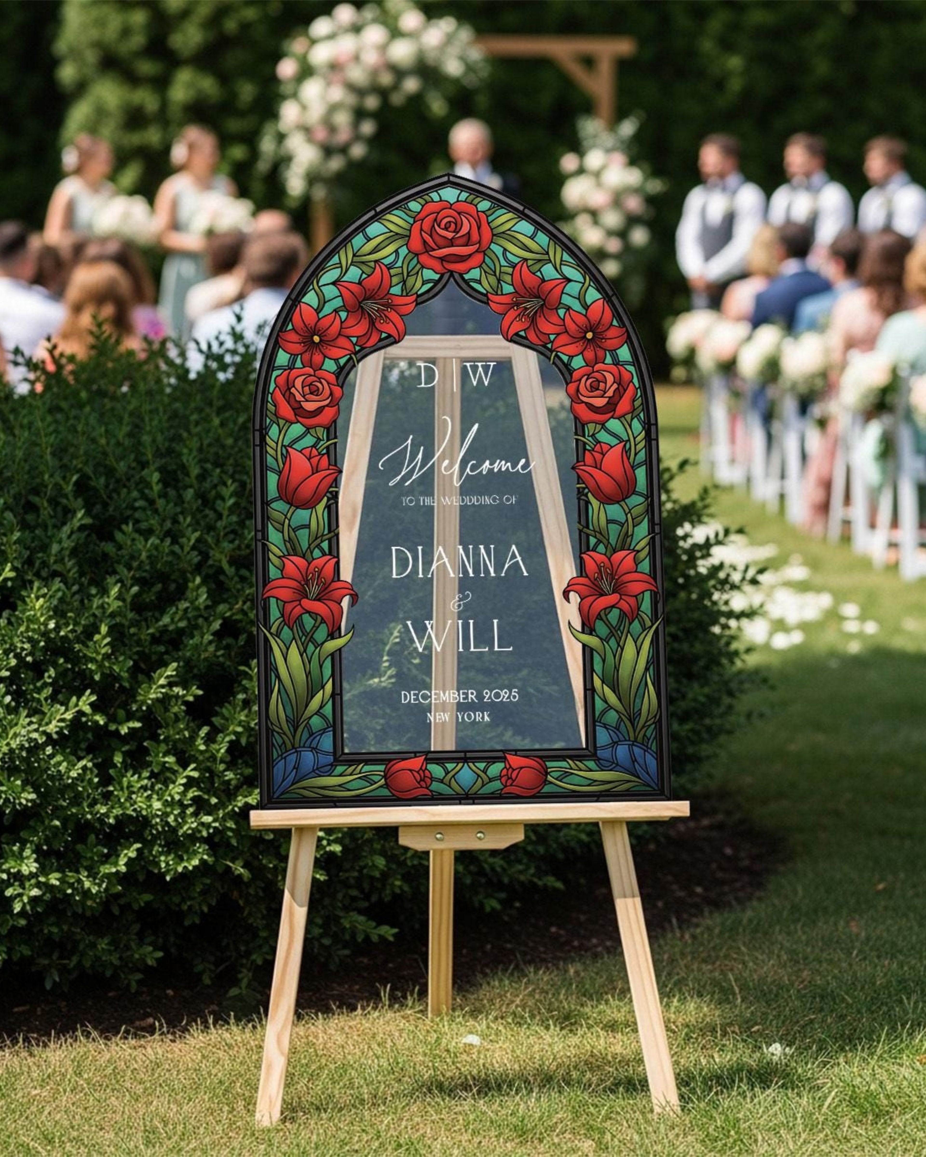 Red Floral Stained Glass Wedding Sign, Mirror Wedding Welcome Sign, Printed Mirrored Or Acrylic Wedding Entrance Signs