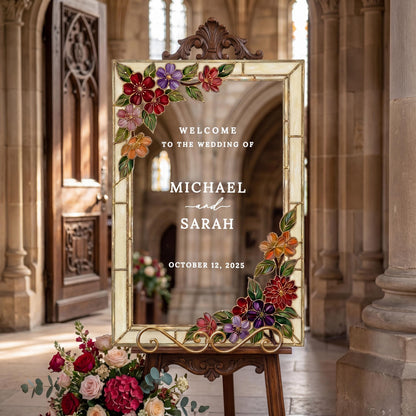 Fax Stained Glass Engagement Sign, Floral Arch Mirror Welcome Board, 3D Raised Acrylic, Moody Jewel Tone Autumn Decor