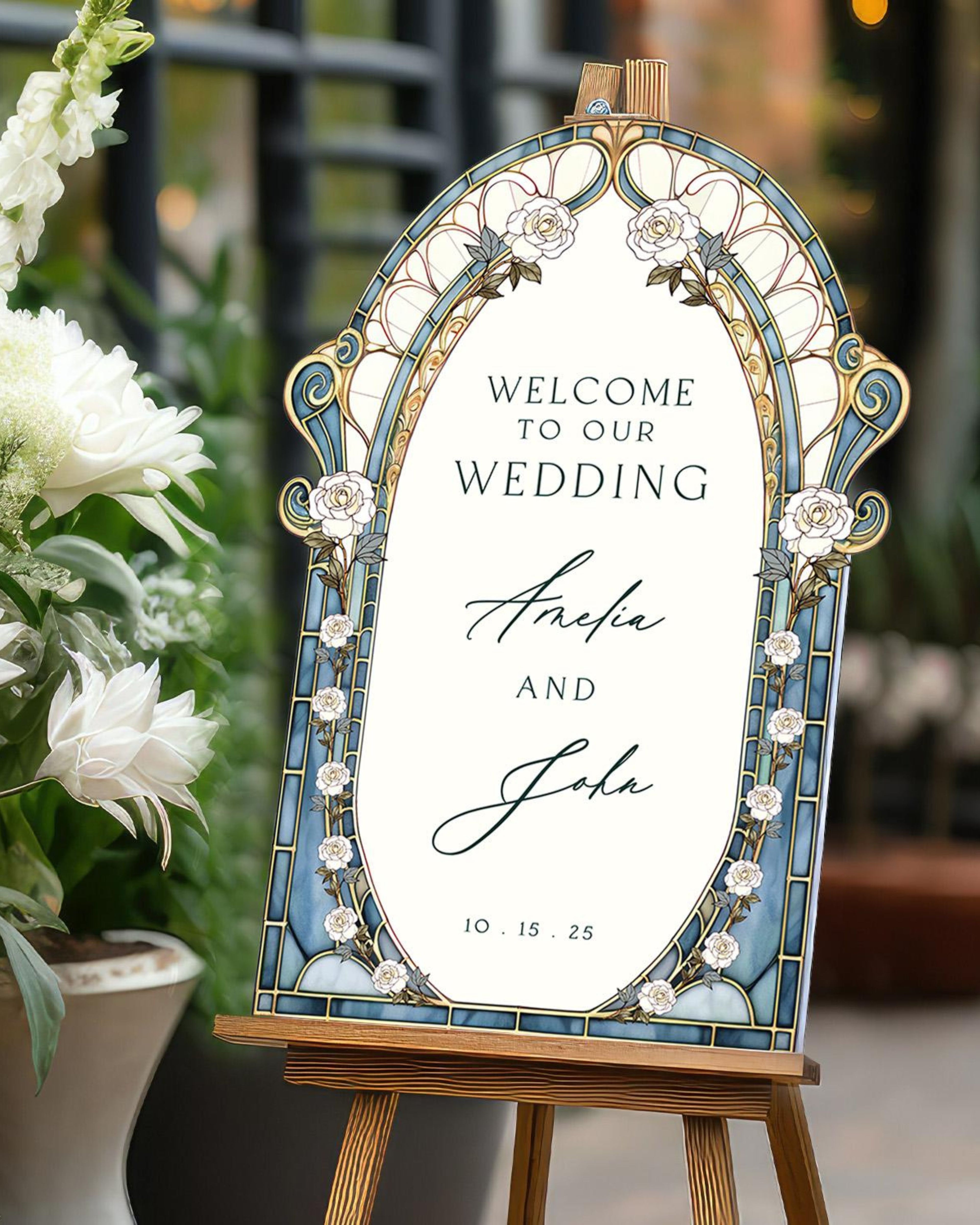 Stained Glass Wedding Sign, Roses Mirror Wedding Welcome Sign, Acrylic Wedding Entrance Sign, Wedding Decorations