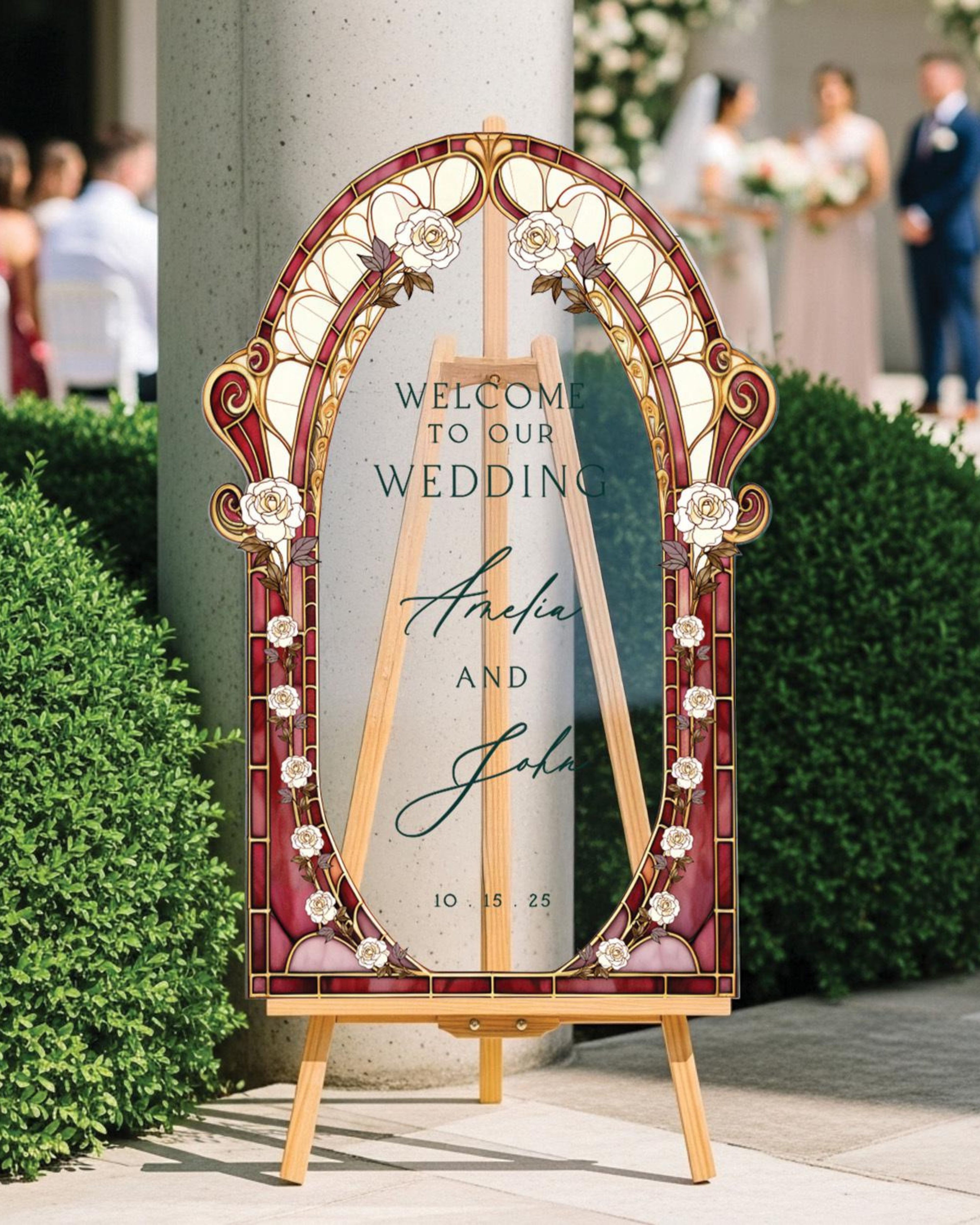 Burgundy Red Stained Glass Floral Wedding Sign, Cream Roses Frosted Wedding Welcome Sign, Printed Mirror Acrylic Wedding Entrance Sign