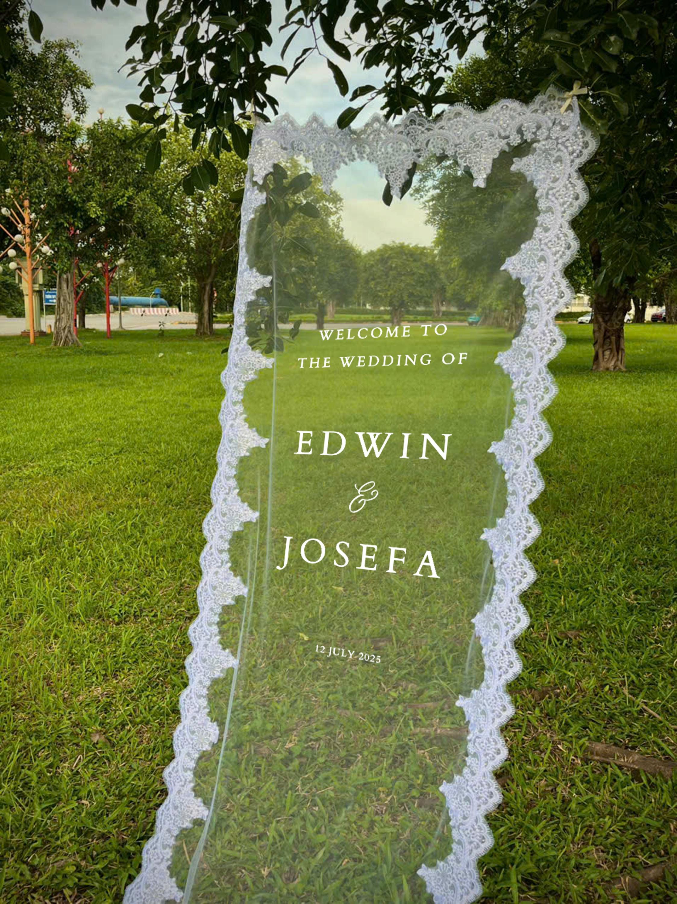 Sheer Lace Wedding Welcome Sign: Tulle Fabric, Macquin Sequins with stand